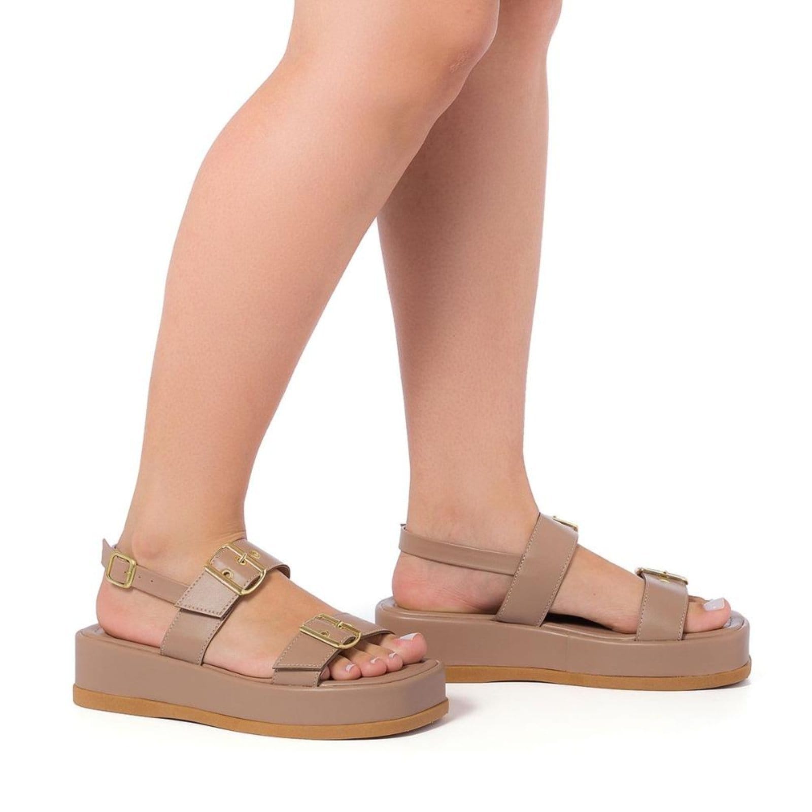 Vista 2 Sandália Papete Fivelas Ajustável Moda Flatform Confortável Capuccino Stessy Shoes caramelo