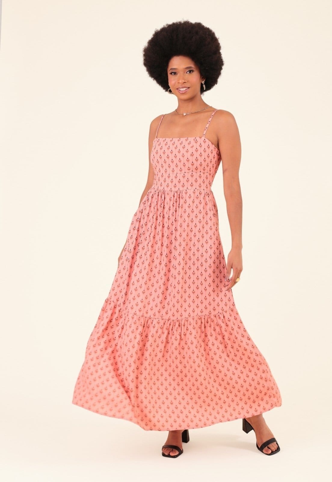 Vista principal Vestido Midi Em Viscose Étnico Folk Alça Bolso Pop Me rosa