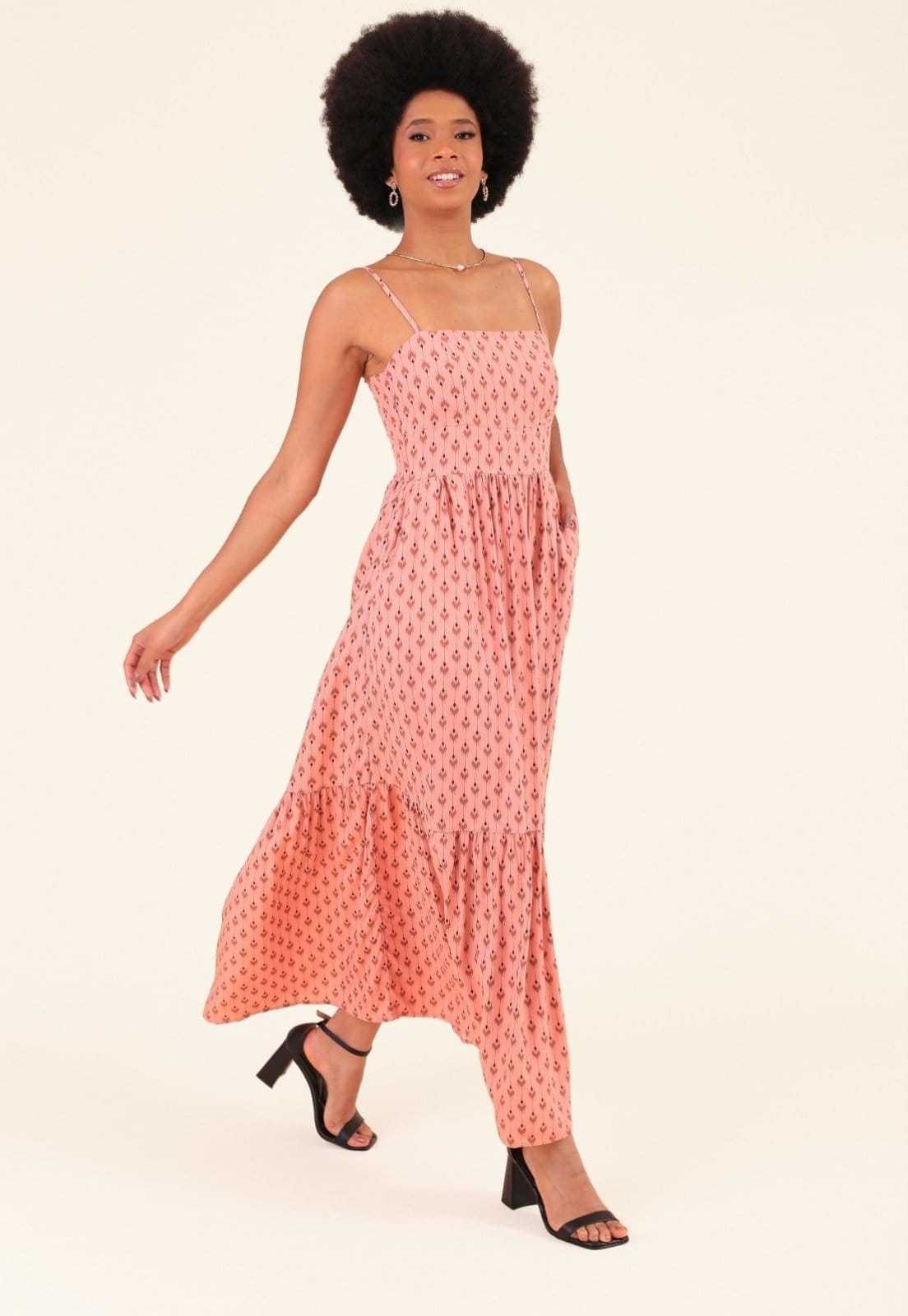 Vista 2 Vestido Midi Em Viscose Étnico Folk Alça Bolso Pop Me rosa