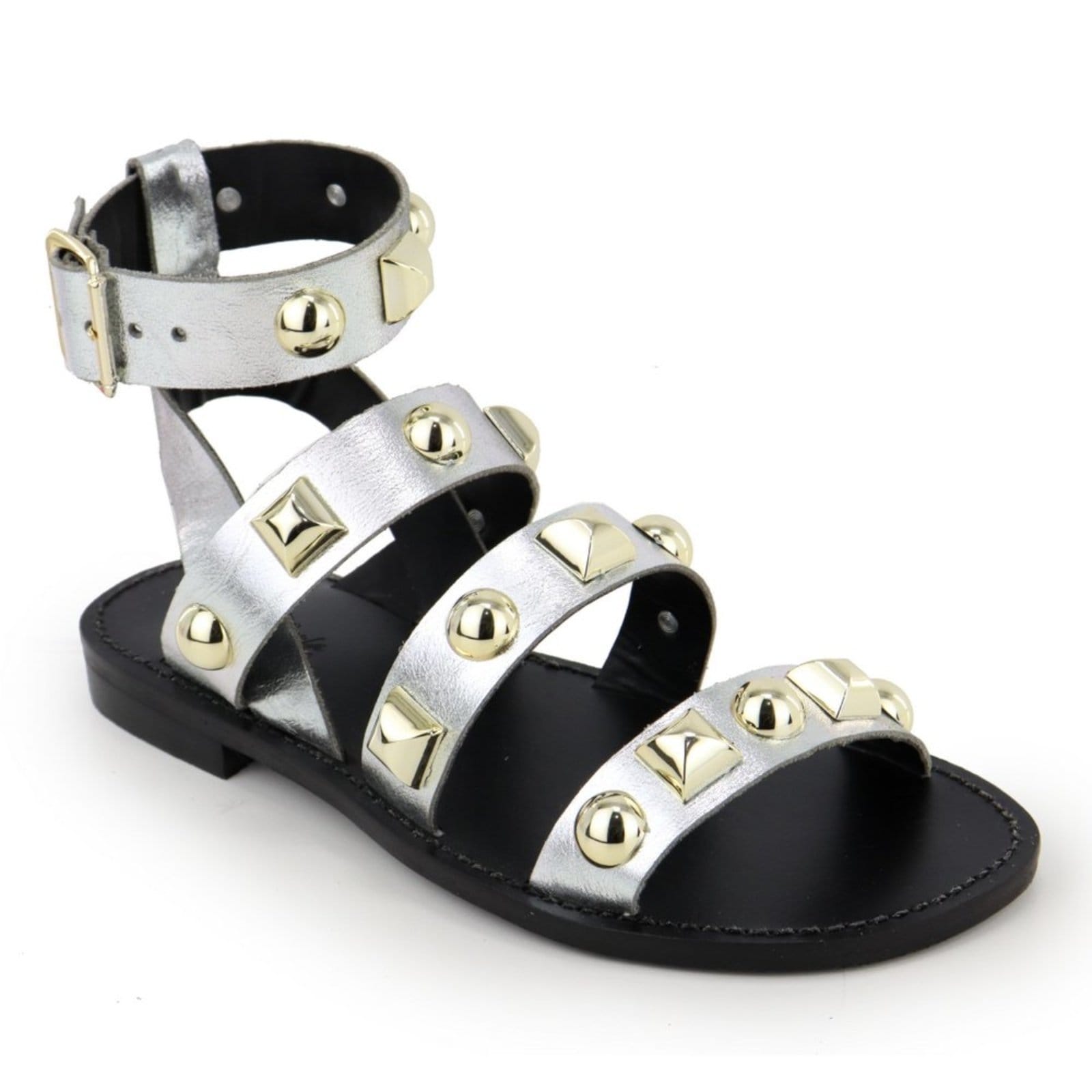 Vista 2 Sandália Rasteira Feminina em Couro Piramide Maria Paula Cristal MARIA PAULA prata