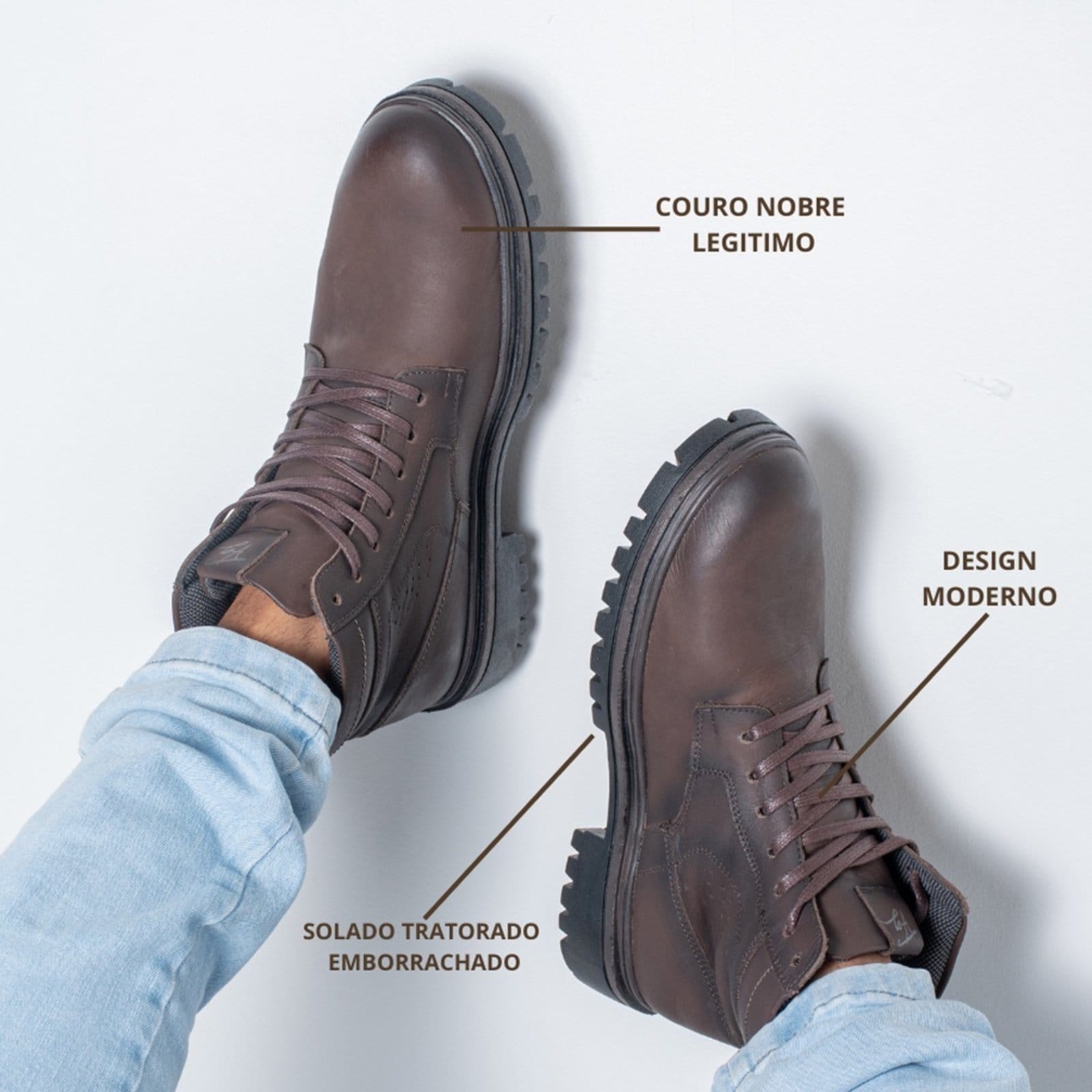 Vista 2 Bota Masculina Couro Cano Curto Casual com Cadarço Moderna Café super shoes marrom