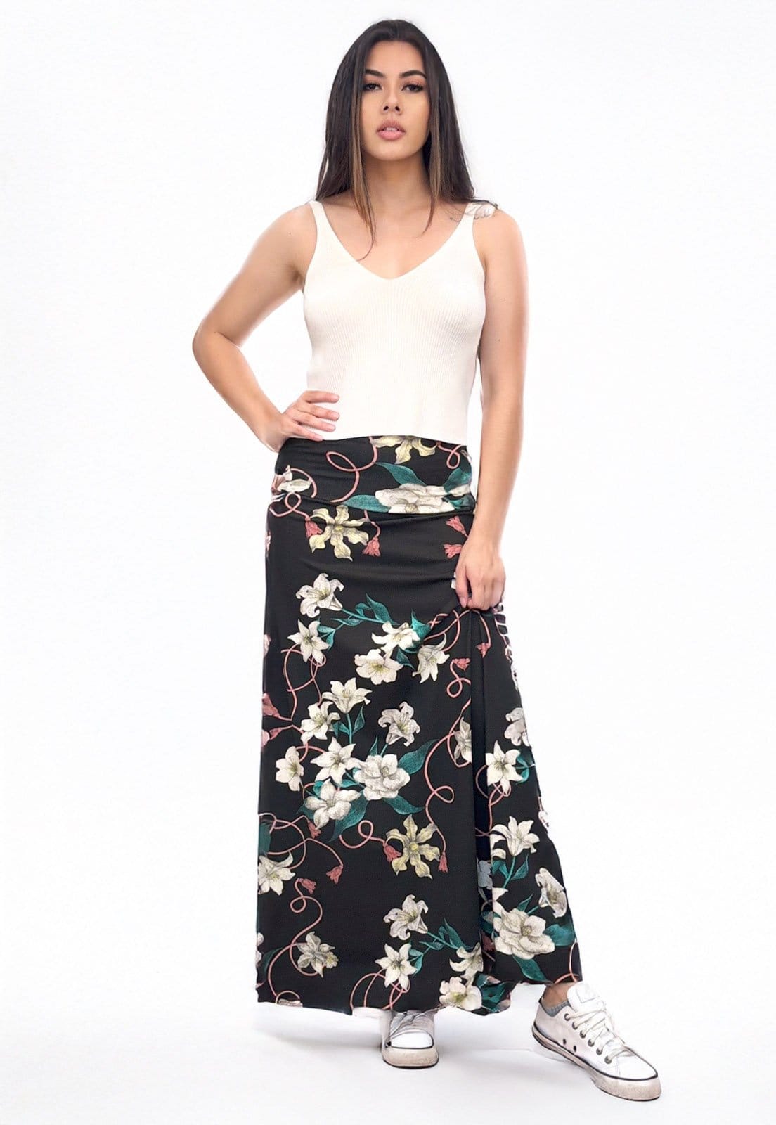 Vista 2 Saia Longa Cabanafree Malha SAZ Estampa Floral Cabanafree azul/estampado/preto