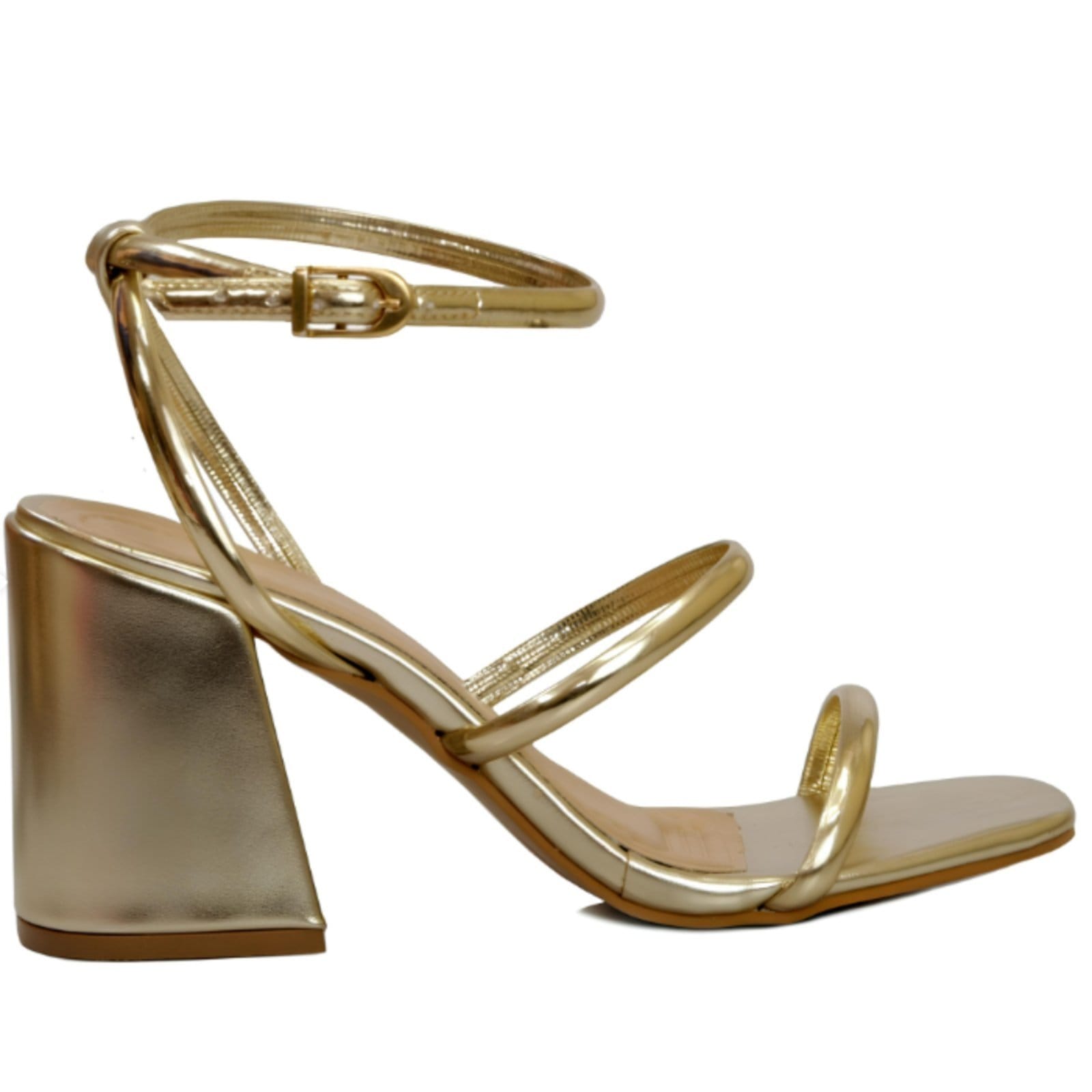 Vista principal Sandália Feminina Salto Médio Com Tiras 12001 Ouro Flor da Pele dourado