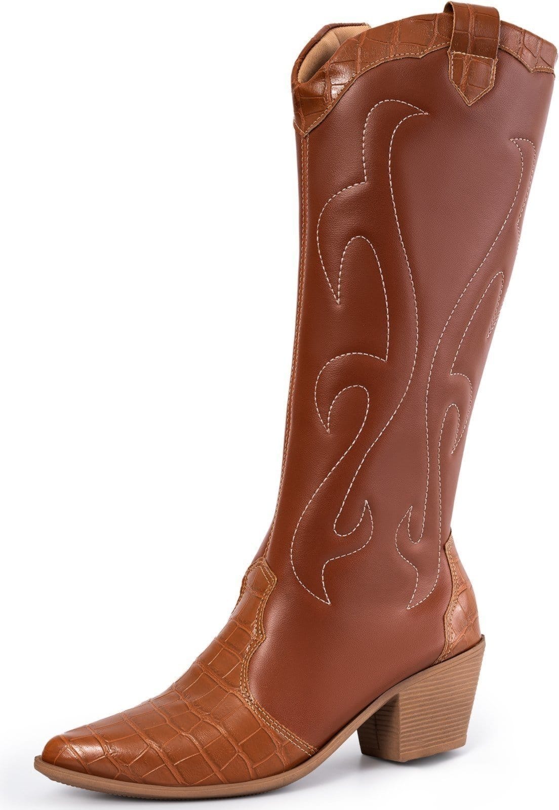 Vista principal Bota Feminina Western Lumiss Texana Bico Fino Salto Grosso Confortável Country Marrom LUMISS caramelo