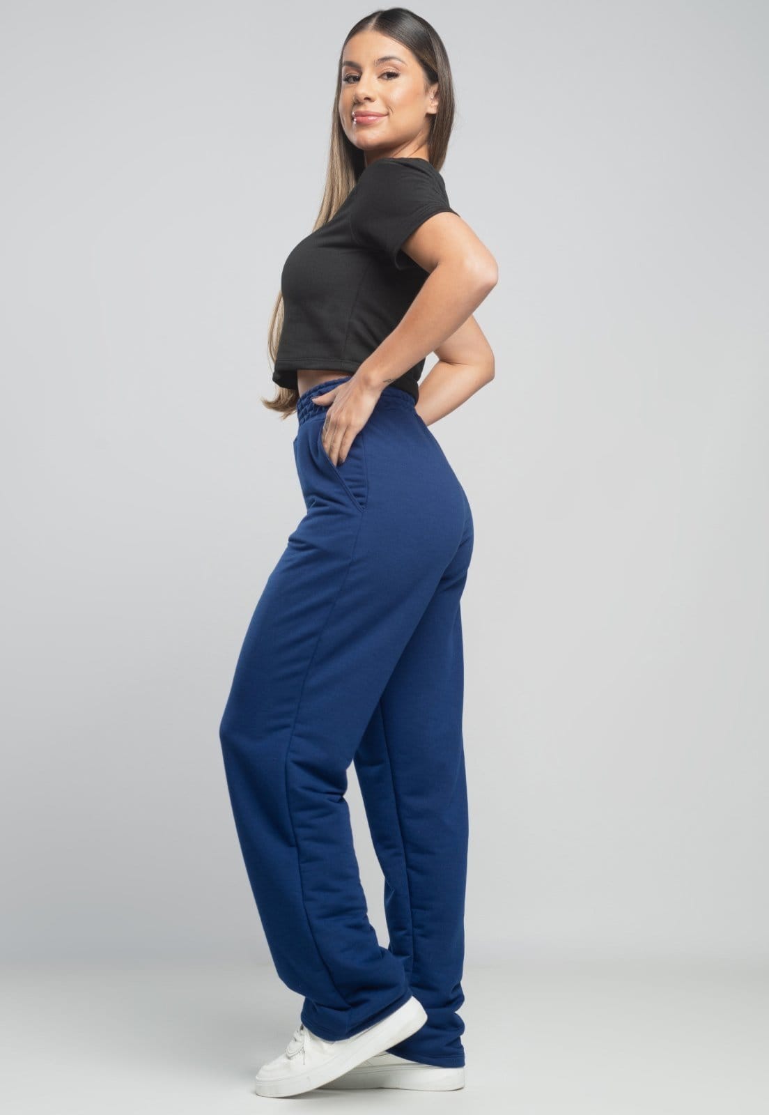 Vista 2 Calça MVB Modas Pantalona Flare Franzida Wide Leg Moletinho Azul Mvb Modas azul marinho