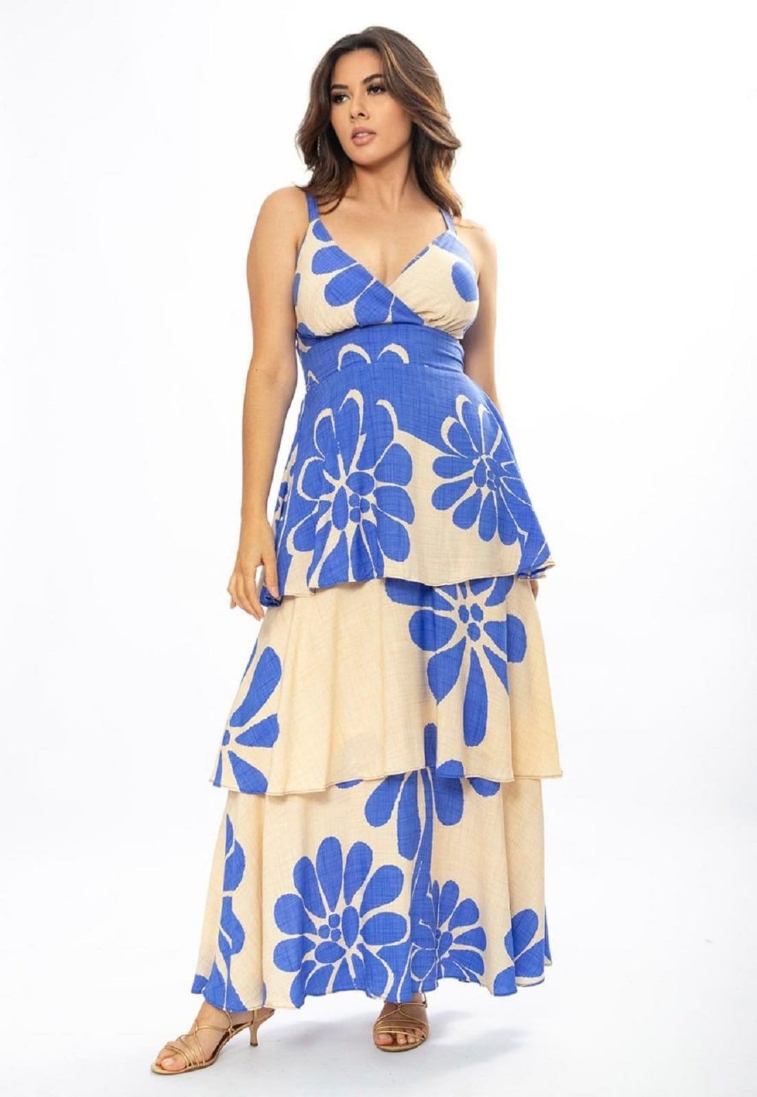 Vista 2 Vestido Longo Amazônia Vital Bababo Estampa Bloom Azul Amazonia Vital bege/estampado azul
