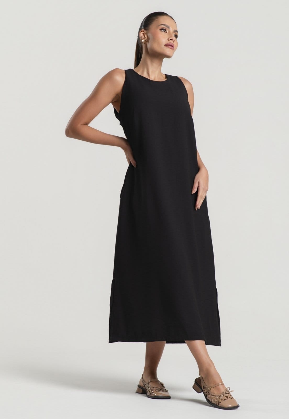 Vestido Midi Alfaiataria Marrant Regata Com Fendas e Bolsos Salvatore