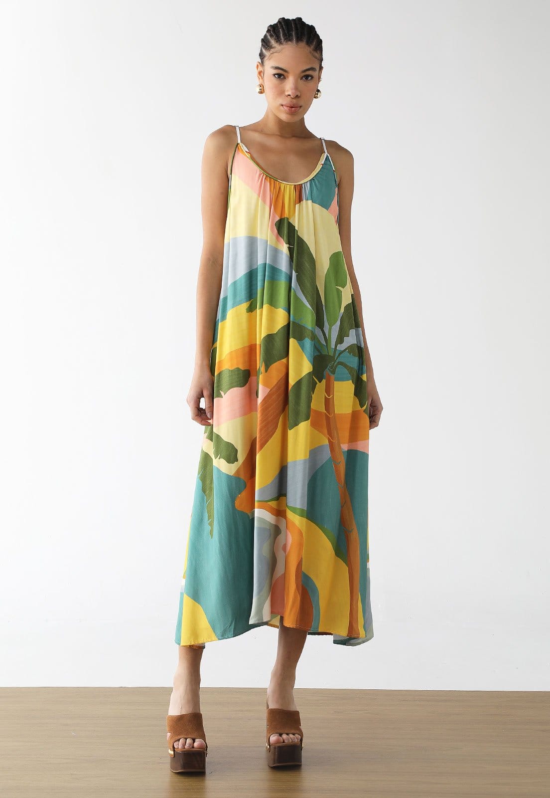 Vista principal Vestido Feminino FARM Midi Estampa Multicolorida FARM verde