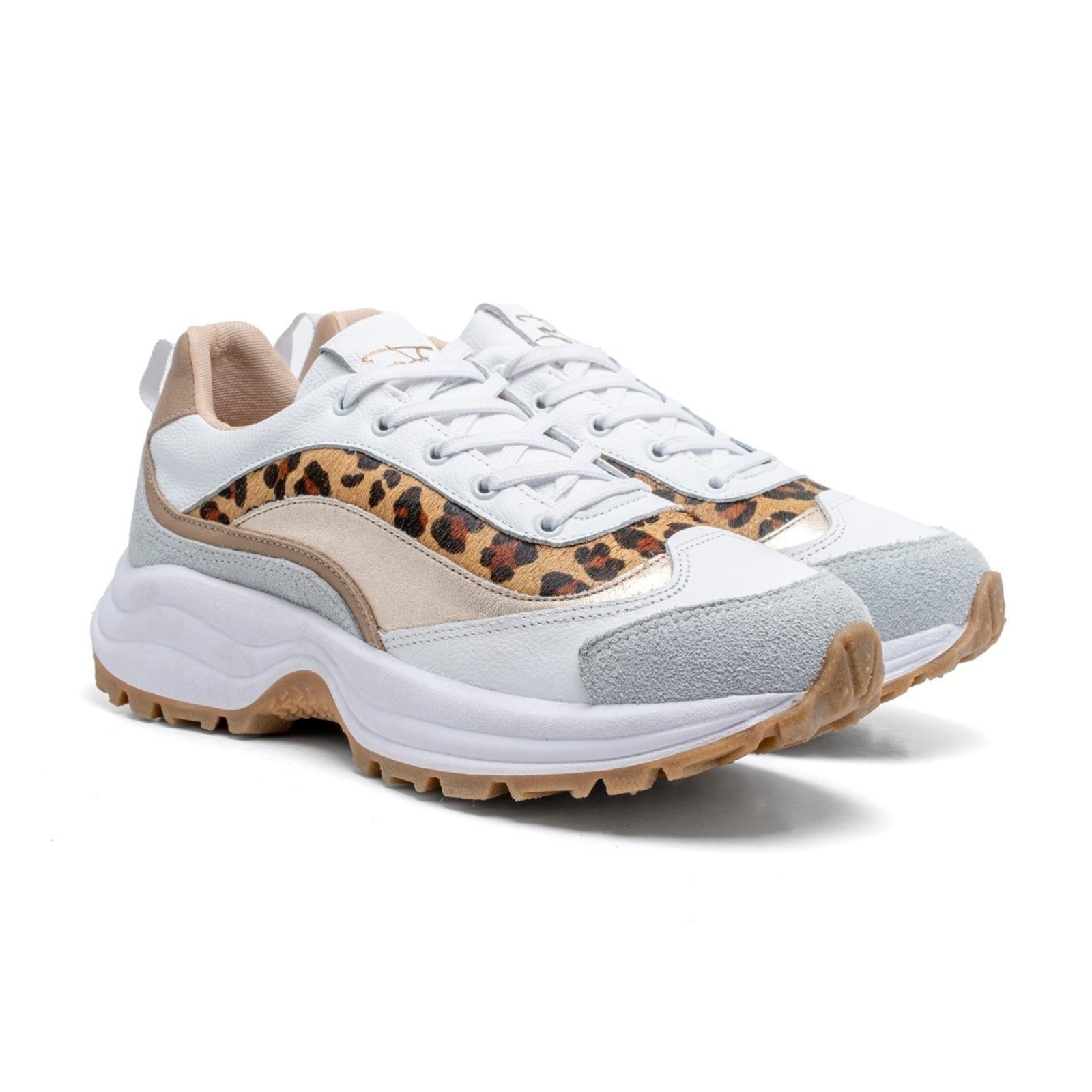 Vista principal Tênis Casual Couro Sneaker Feminino Solado Chunky Tratorado Amarração +Onça FRANCA GRIFFE branco