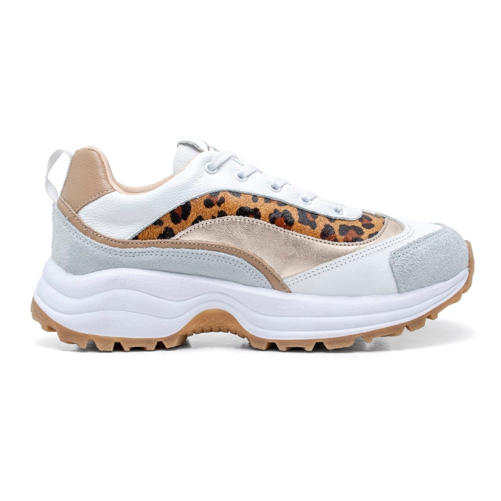 Vista 2 Tênis Casual Couro Sneaker Feminino Solado Chunky Tratorado Amarração +Onça FRANCA GRIFFE branco