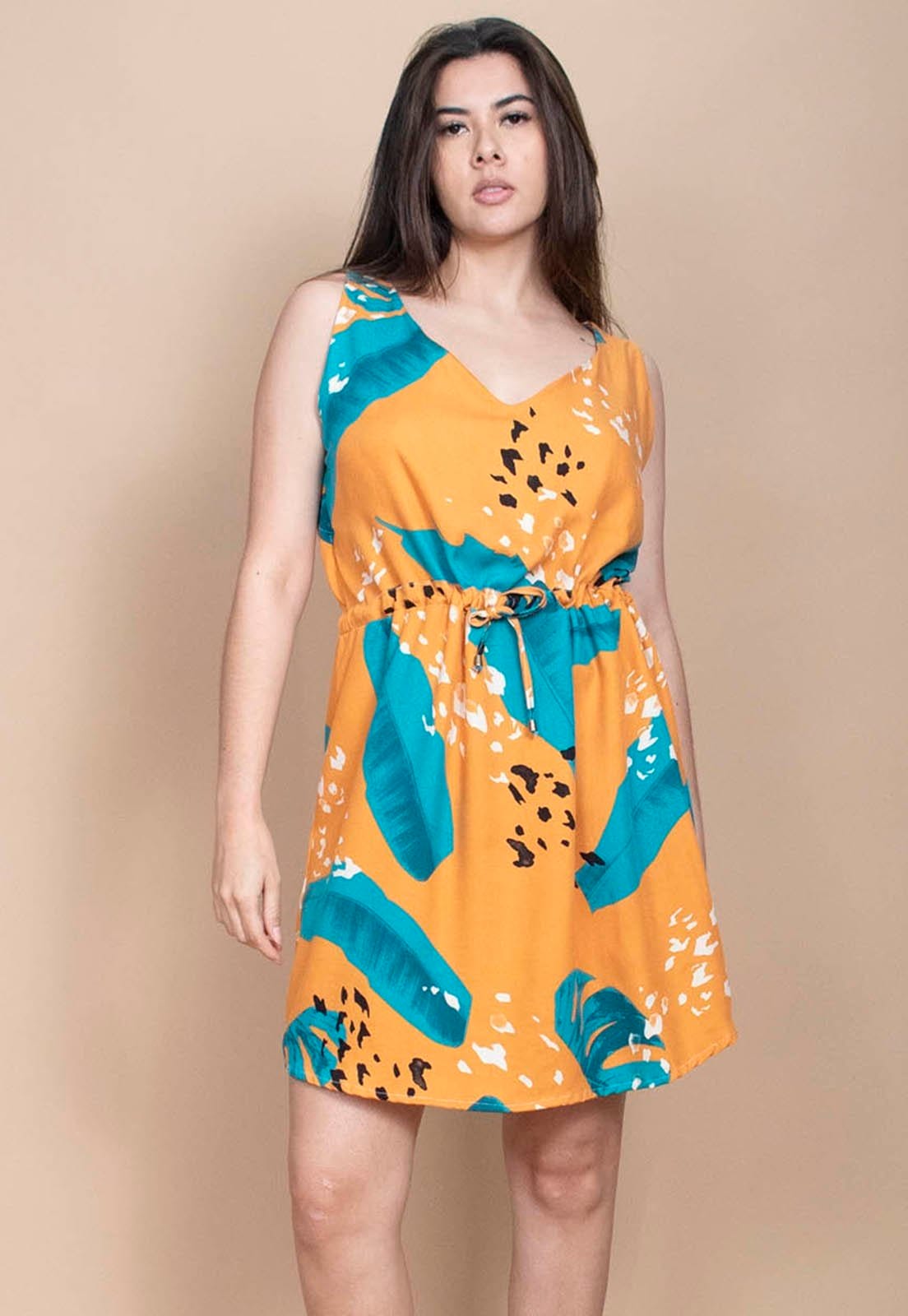 Vista principal Vestido Cabanafree Plano Curto Estampa Aurora Botânica Cabanafree azul/estampado/preto