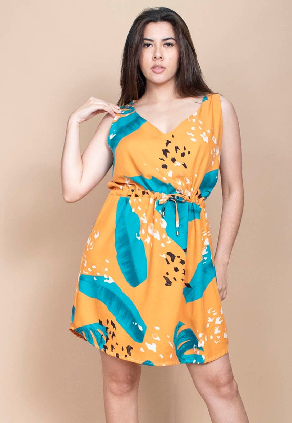 Vista 2 Vestido Cabanafree Plano Curto Estampa Aurora Botânica Cabanafree azul/estampado/preto