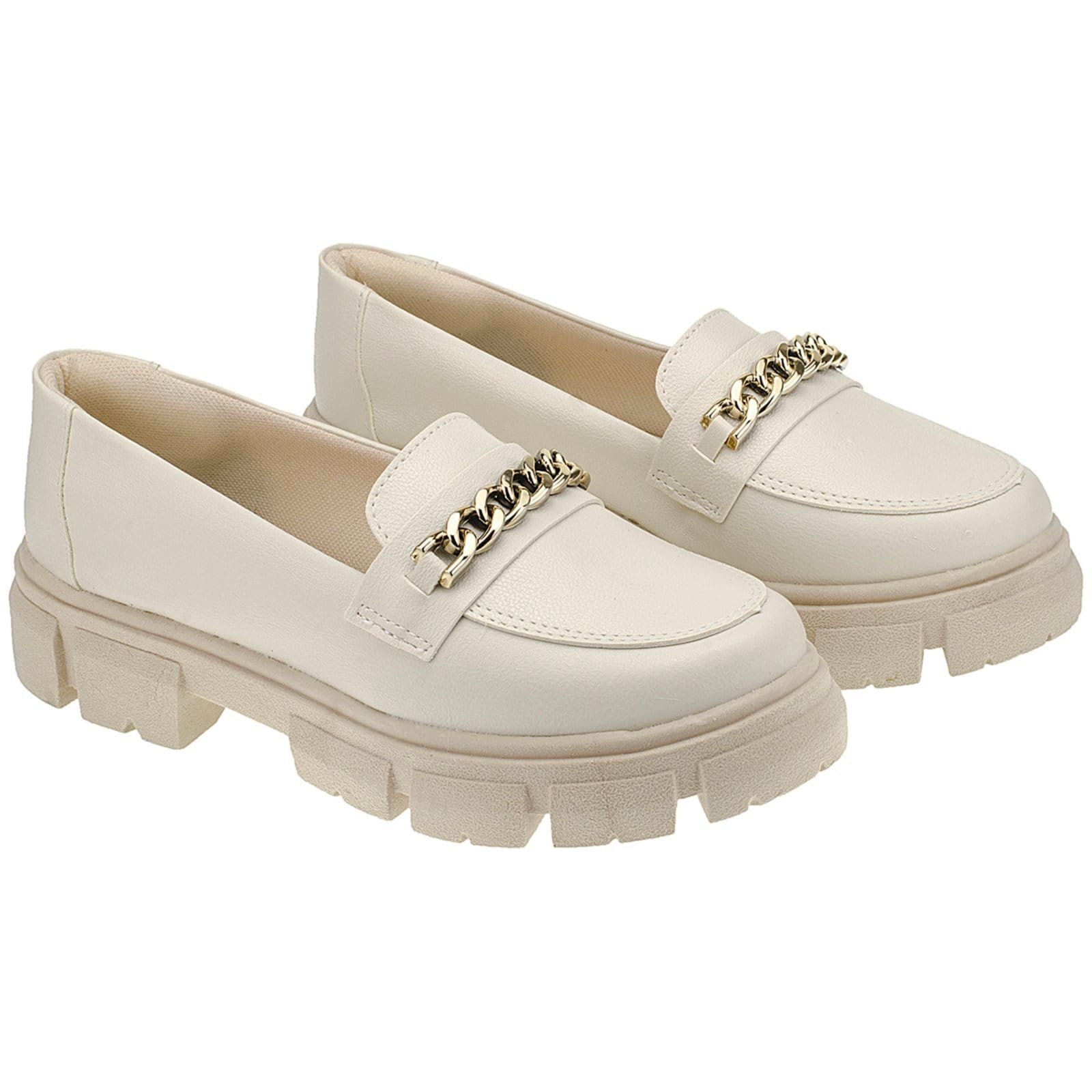 Vista 2 Mocassim Feminino Tratorado Oxford Plataforma Blogueira Off White CIA DOS PASSOS bege white