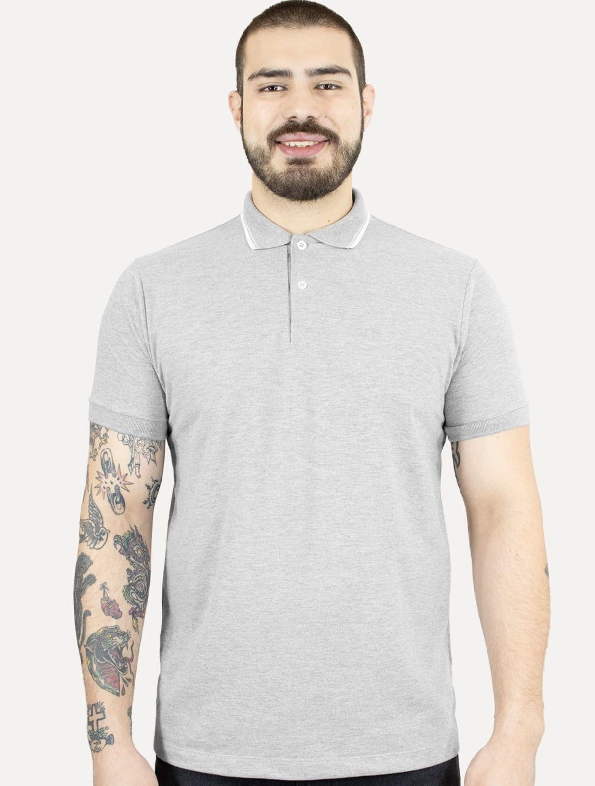 Vista principal Polo Aramis Masculina Piquet Off Friso Mescla Aramis cinza