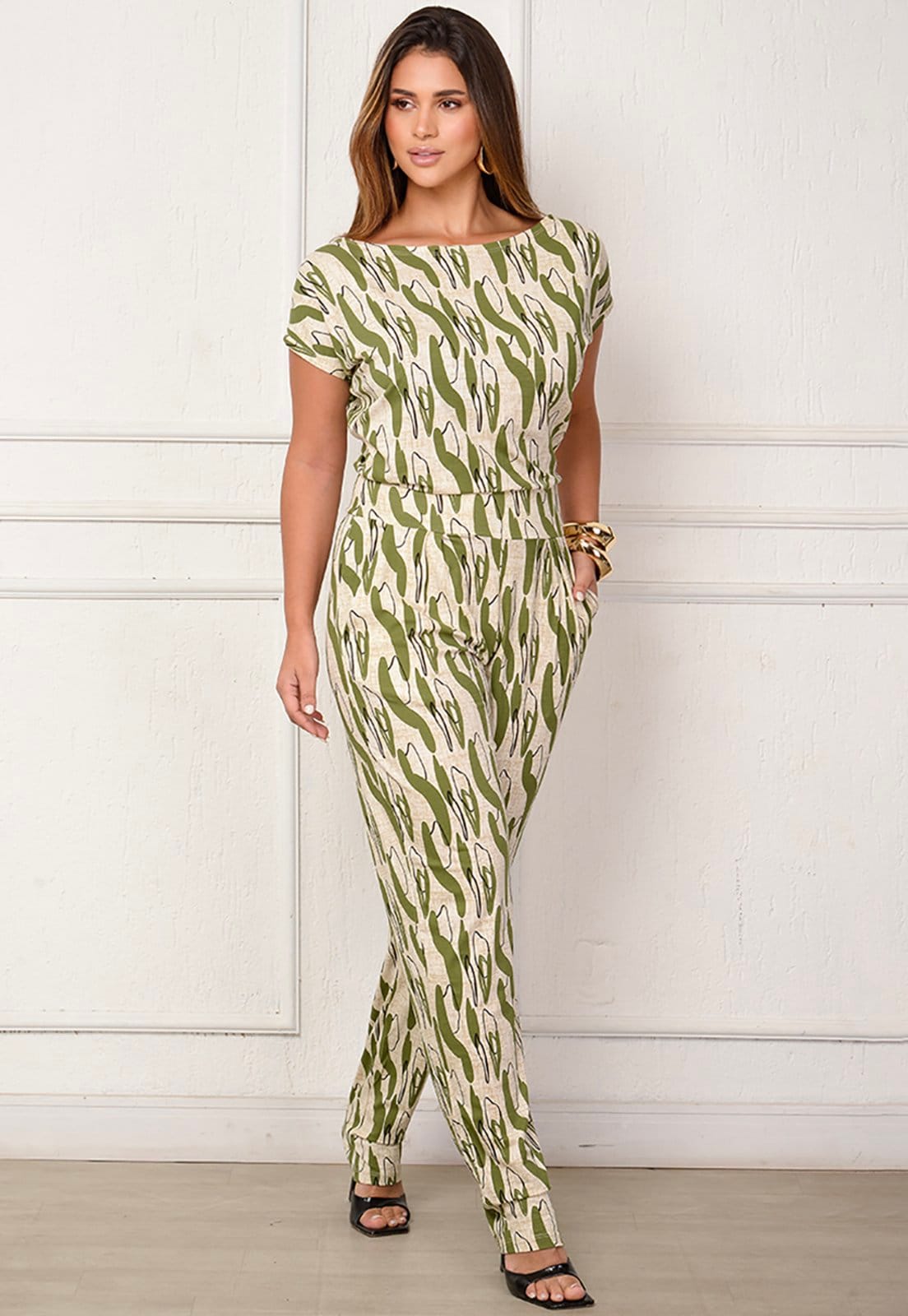 Macacão Longo M/C Decote Canoa BBonnie Mel Listra