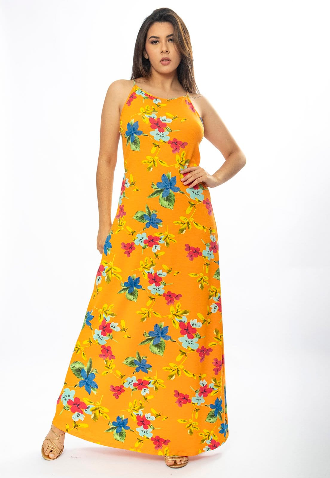 Vista 2 Vestido Longo Cabanafree Malha Trapézio Laranja Floral Cabanafree azul/estampado/verde/vermelho
