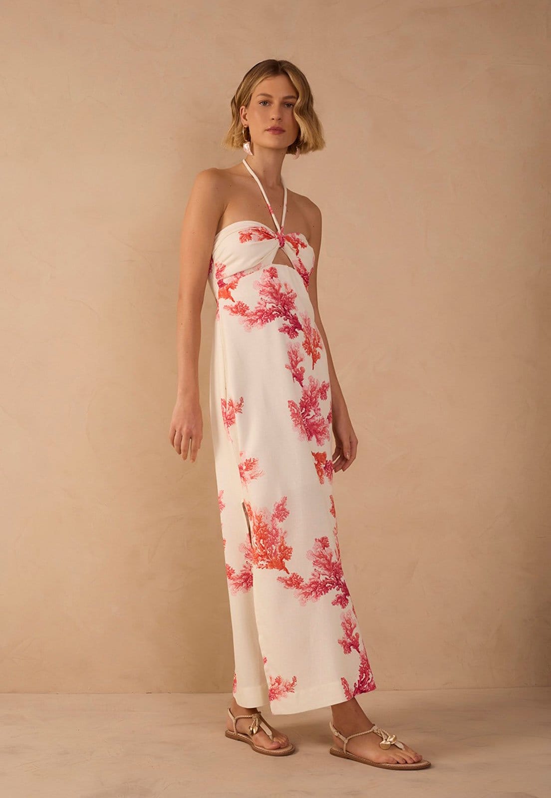 Vista 2 Vestido Feminino Dress To Cropped Linho Estampa Coral Off-White Dress to off-white coral