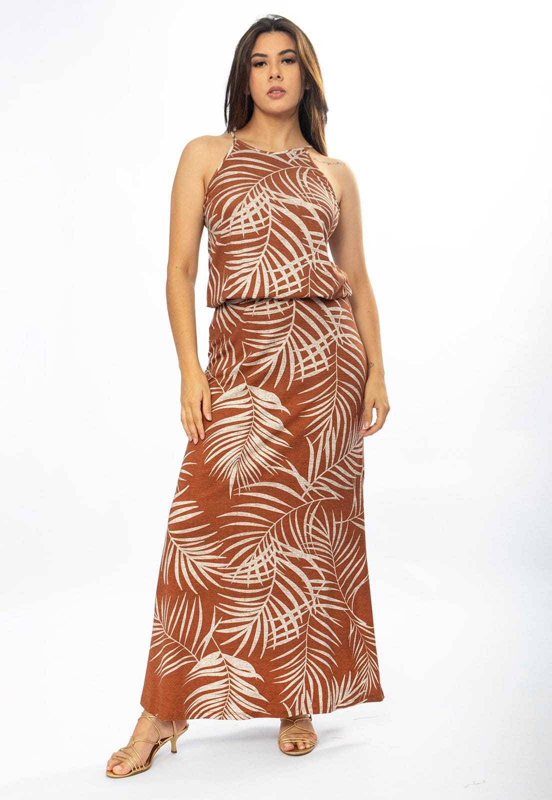 Vista principal Vestido Longo Cabanafree Malha Trapézio com Elástico na Cintura Palmas da Terra Cabanafree estampado/off-white