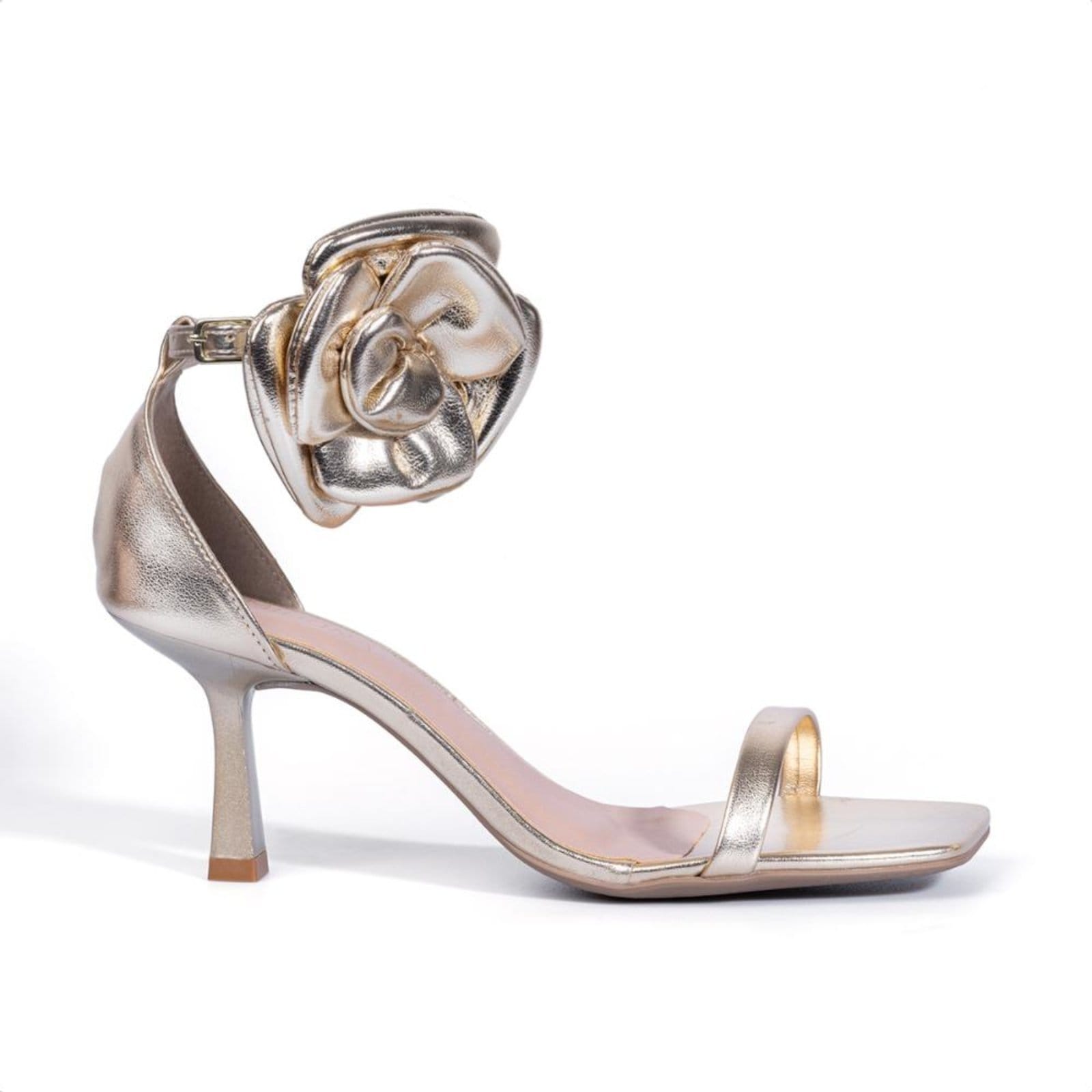 Vista 2 Sandália Feminina Salto Fino Bico Quadrado Enfeite De Flor Dourada Domidona dourado