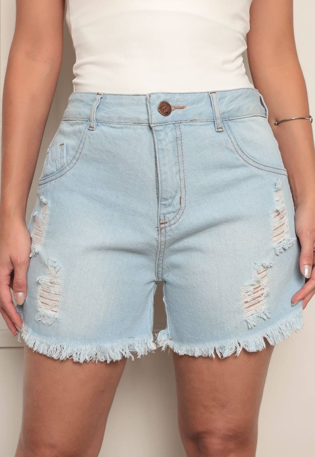 Vista principal Shorts Feminino Ethereal Jeans Confortável E Estiloso com Barra Desfiada Moderno Lavagem Clara Ethereal Jeans azul