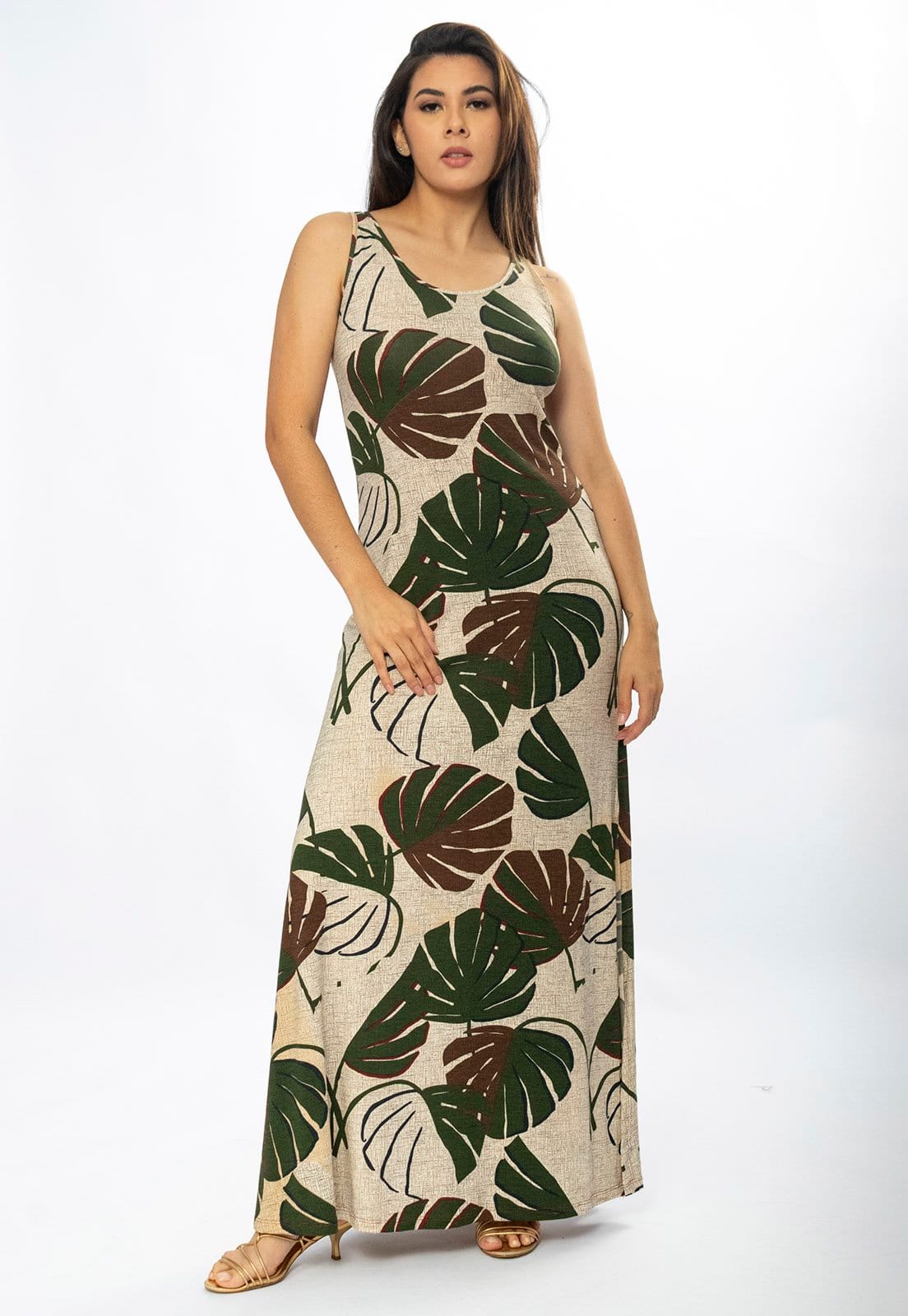 Vista 2 Vestido Longo Amazônia Vital Butiá Malha Regata Estampa Folhagem Verde e Marrom Amazonia Vital bege/verde verde