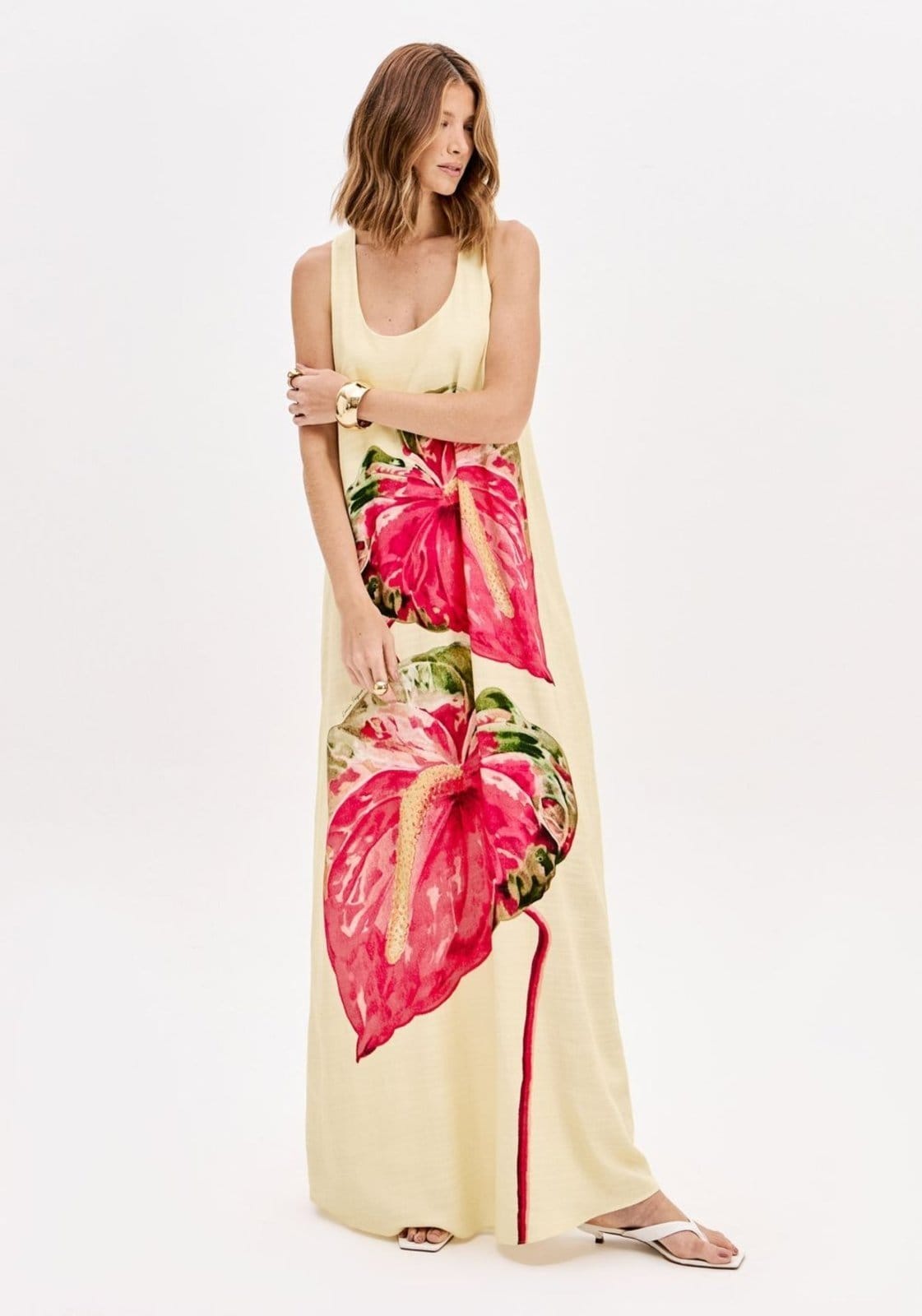 Vista principal Vestido Longo Sem Mangas Com Cinto Lança Perfume rosa