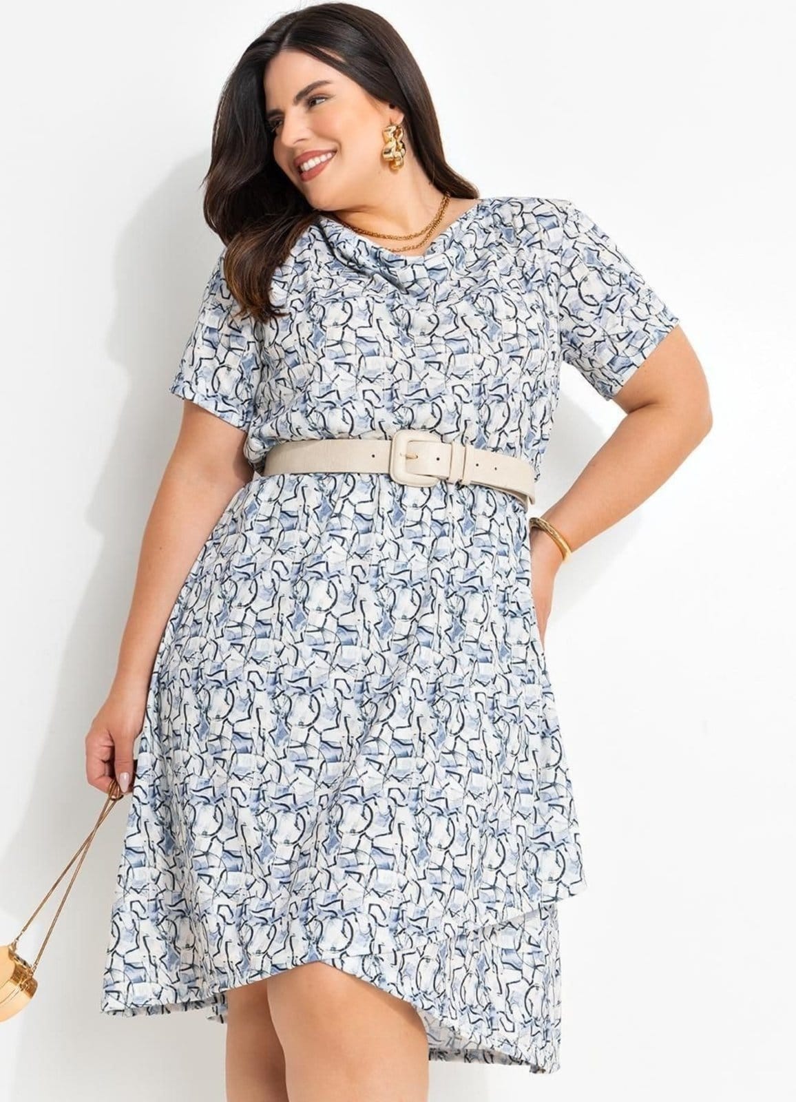 Vestido Em Jersey Acetinado Abstrato Clean