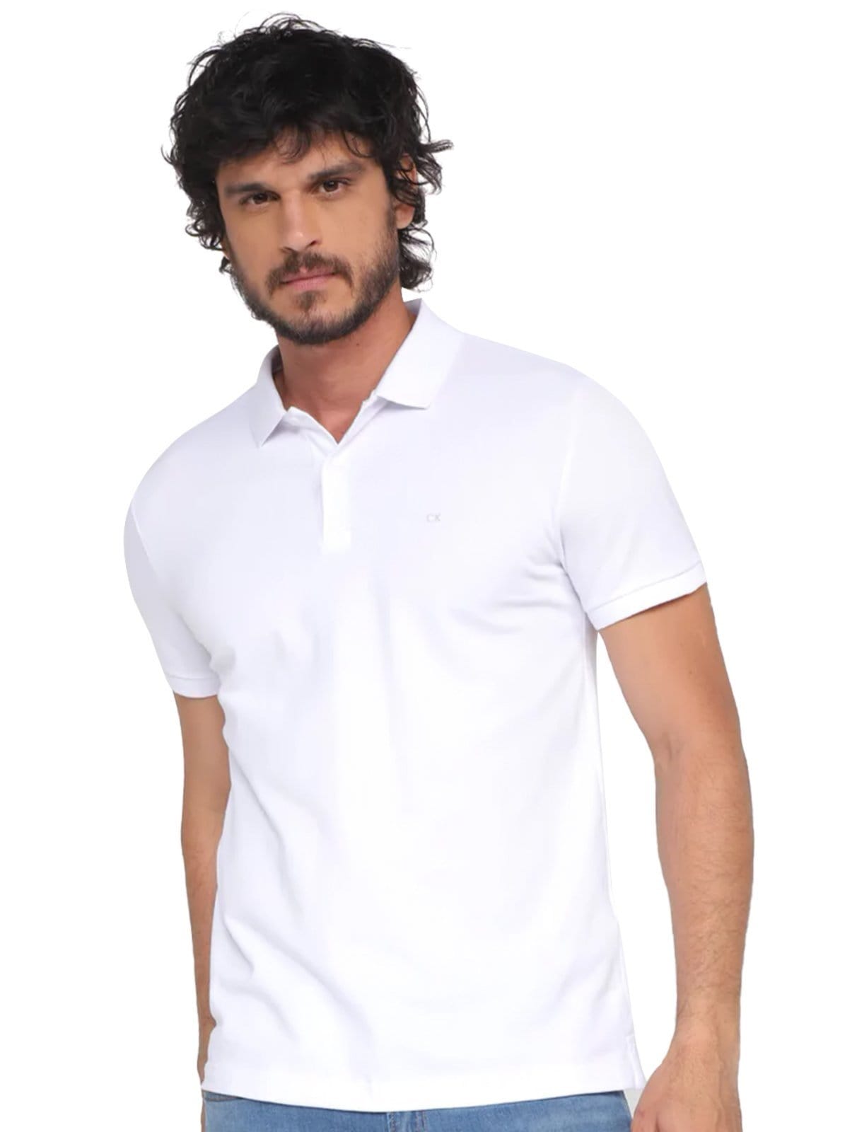 Vista principal Polo Calvin Klein Masculina Piquet Slim Básica Sem Friso Branca Calvin Klein branco