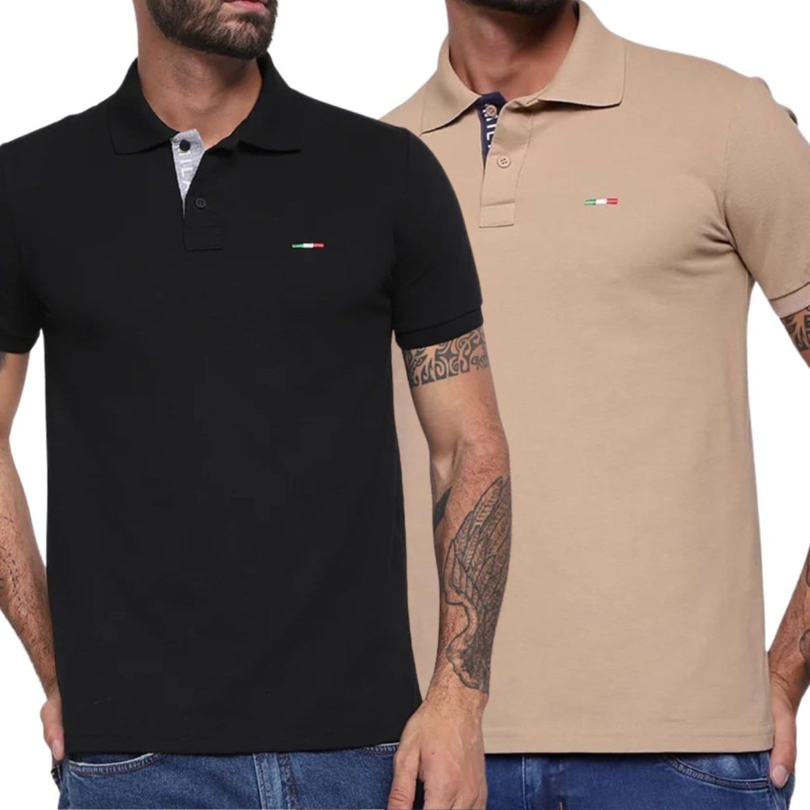 Kit 2 Polos Masculina Básicas Industrie Piquet no Estilo Tommy Bordado Itália Preto Bege