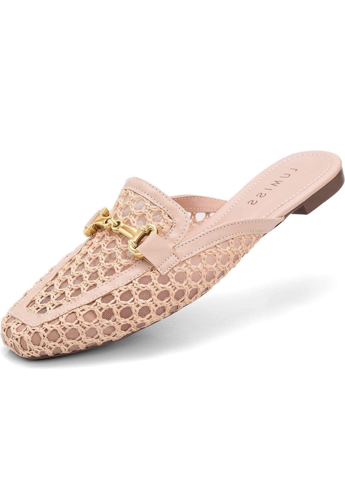 Mule Feminino Lumiss Material Natural Tela Bico Quadrado Confortável Enfeite Dourado Nude