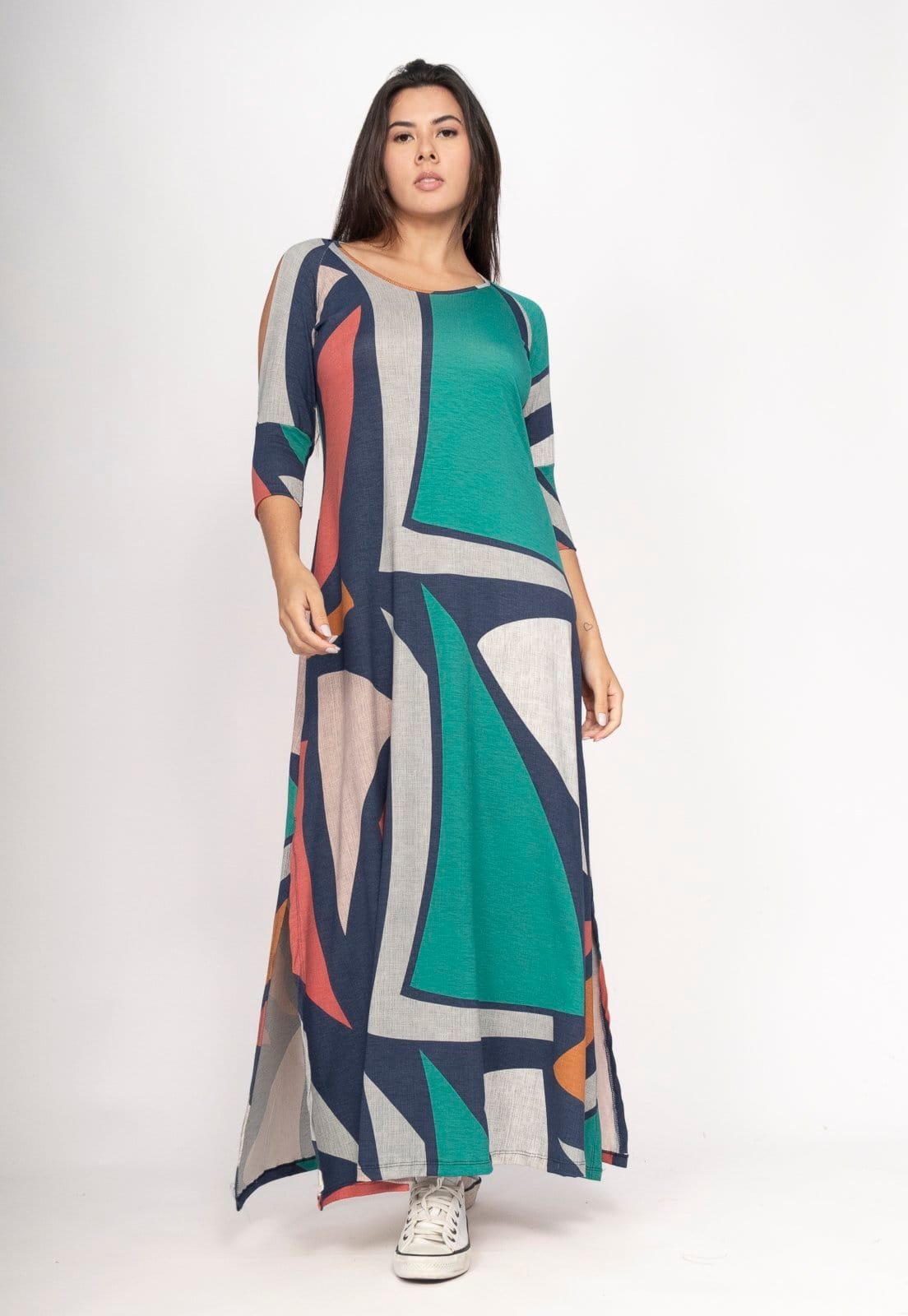 Vestido Amazonia Vital Boyrá Longo Malha Detalhe Manga Geometrias do Tempo