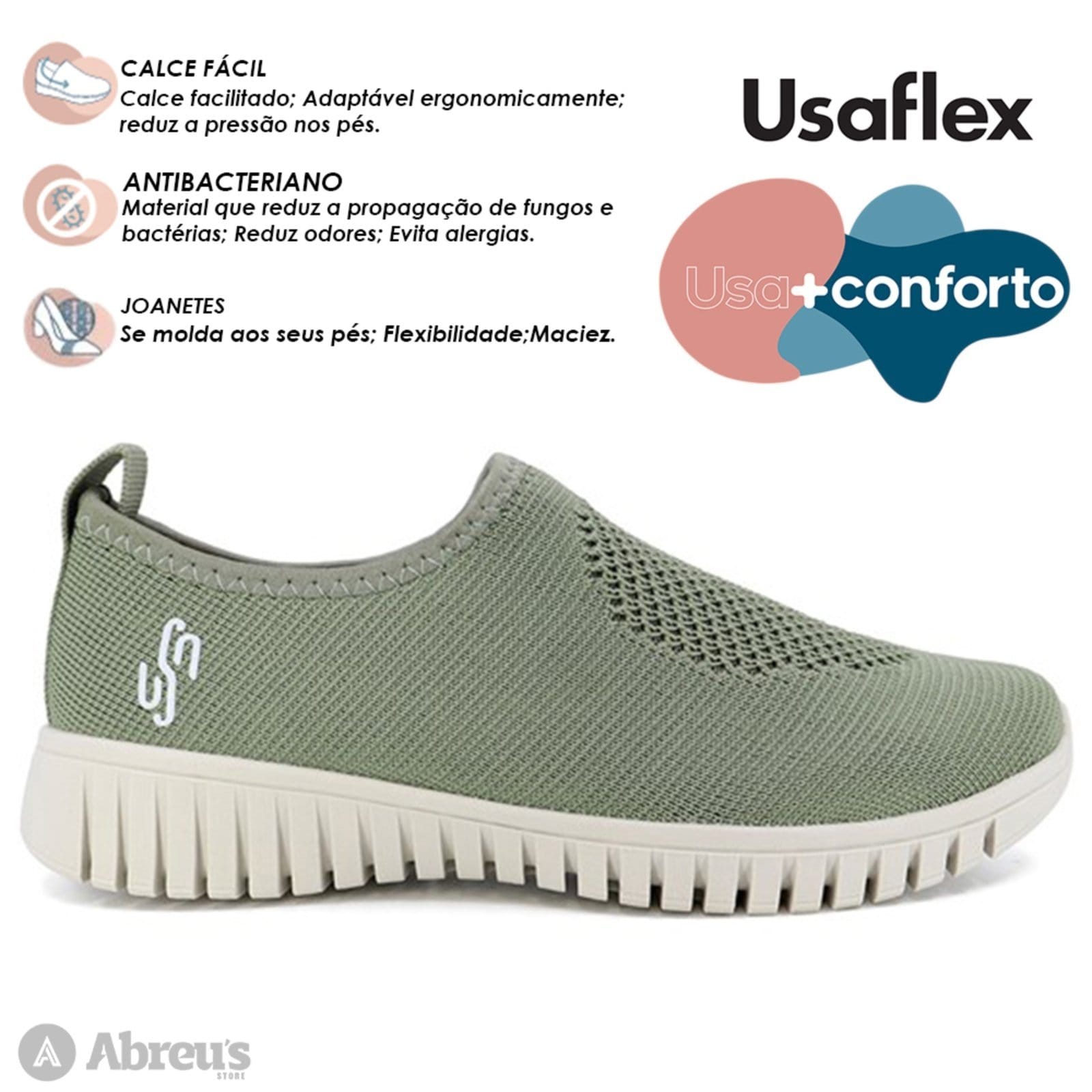 Vista 2 Tênis Feminino Usaflex Slip-on Conforto Tricot AE2208 Salvia Usaflex verde