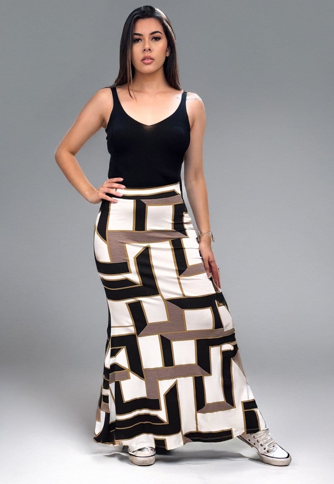 Vista 2 Saia Longa Malha Sereia Estampa Igaci Cabanafree branco/estampado/preto