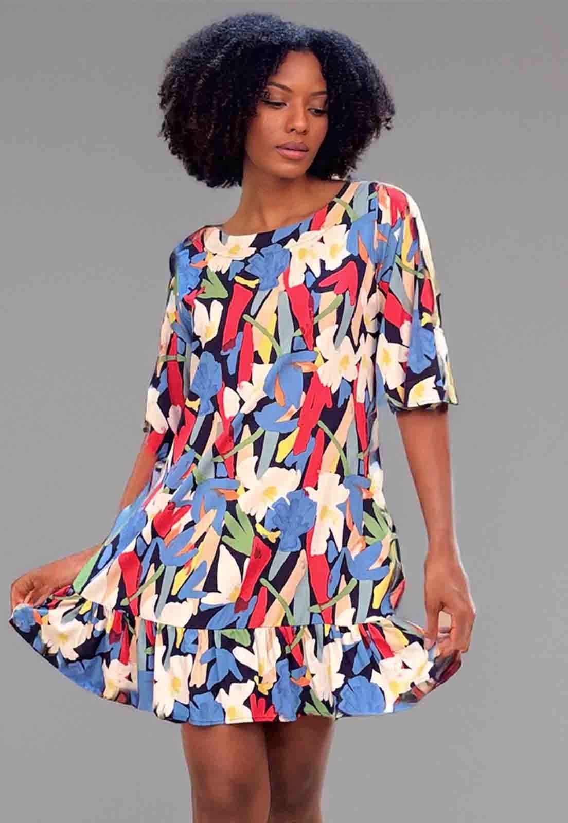 Vista 2 Vestido Amazonia Vital Curto Viscose Estampa Floresce Amazonia Vital amarelo/branco/estampado/vermelho