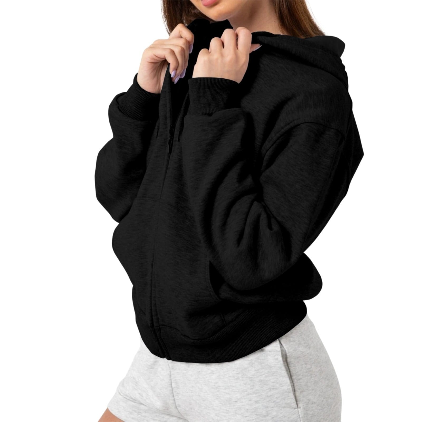 Vista 2 Blusa Moletom Feminina de Zíper Com Capuz e Bolso Canguru 2 Cores Estilo Casual Liso Relaxado preto