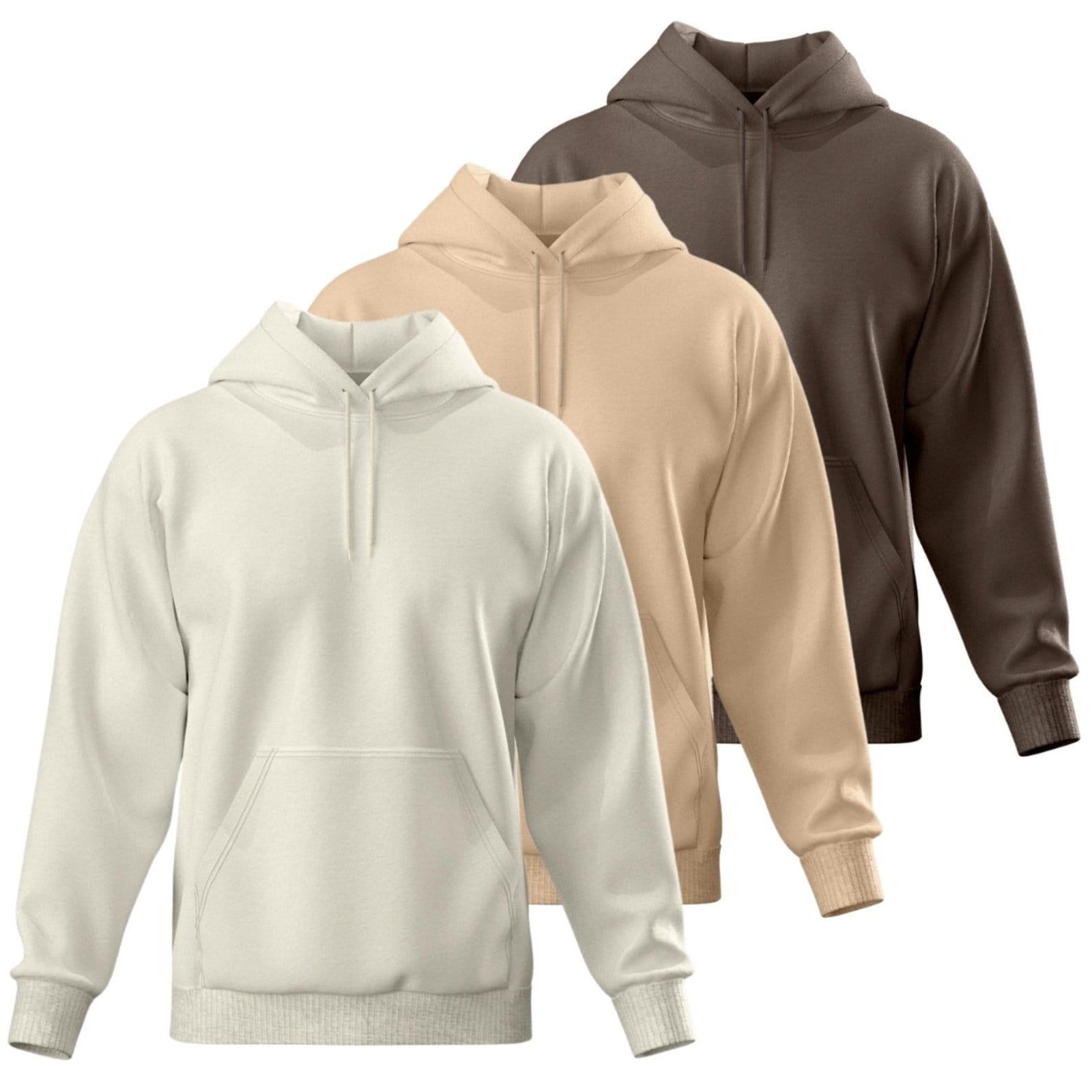 Vista principal Kit 3 Blusa de Frio Moletom Liso Casaco Canguru Fechado Com Capuz Inverno Estiloso Relaxado bege/café/off-white