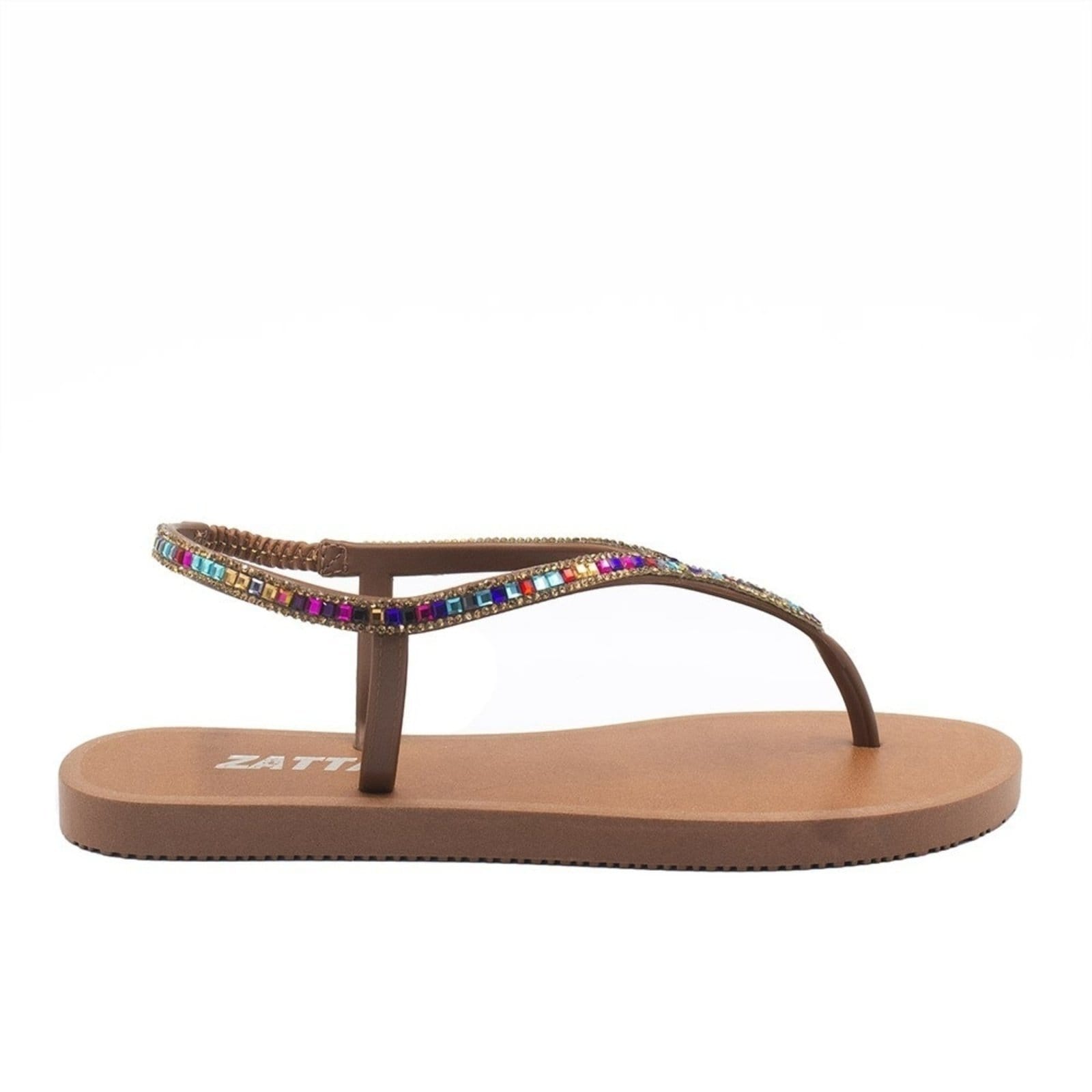 Sandália Rasteira Feminina Zatta Elástico Strass Brilho Natalia Caramelo