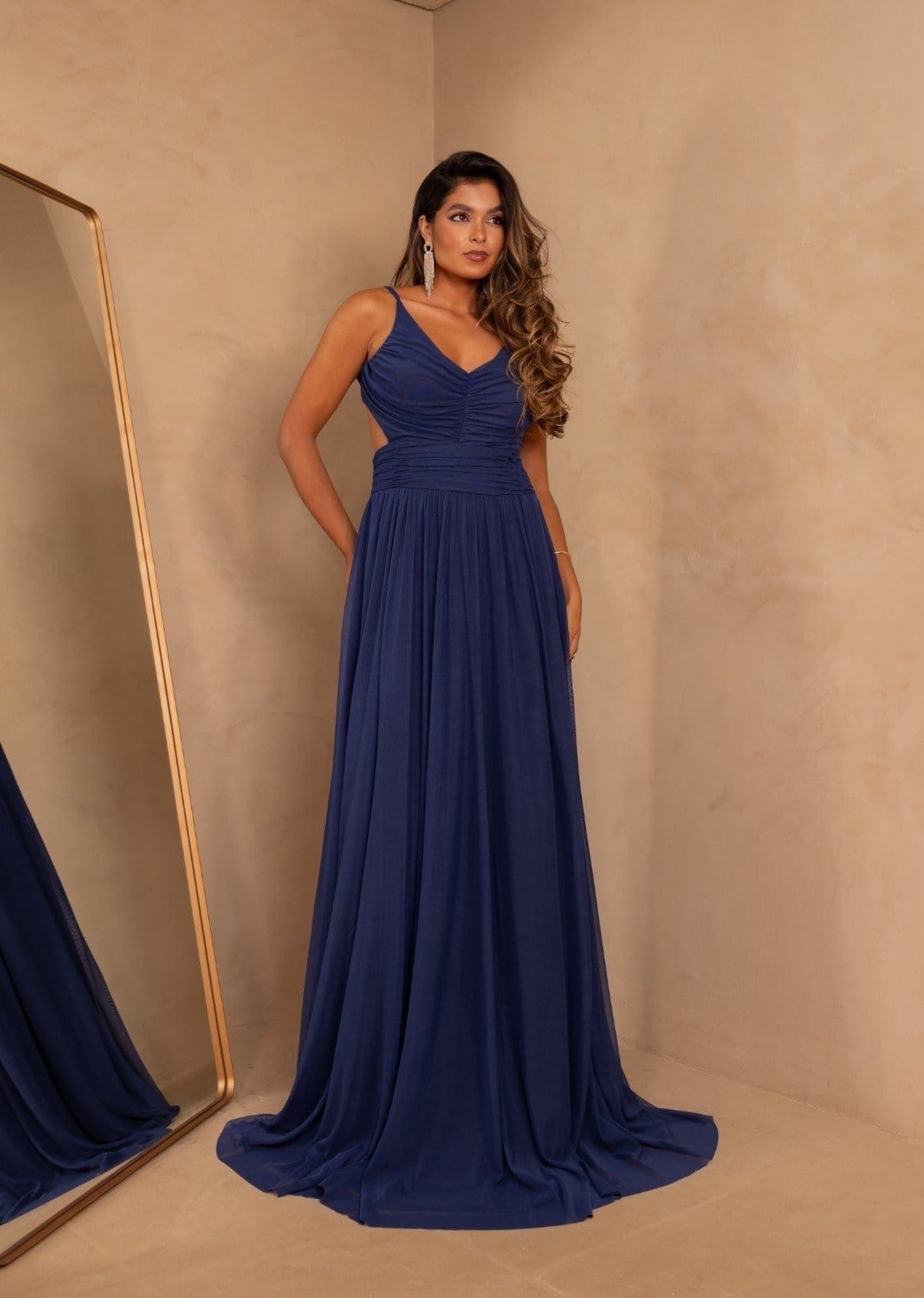 Vestido Longo Abertura Lateral Micro Tule Kay Cia Do Vestido Azul Marinho