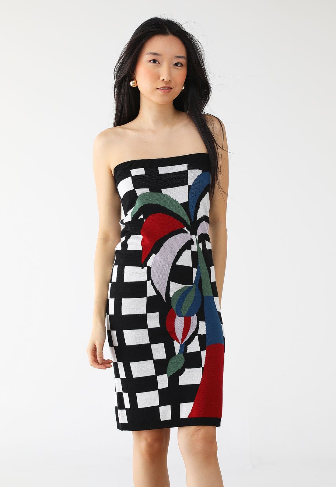 Vestido Tricot FARM Curto Jacquard Onda Tropical Preta