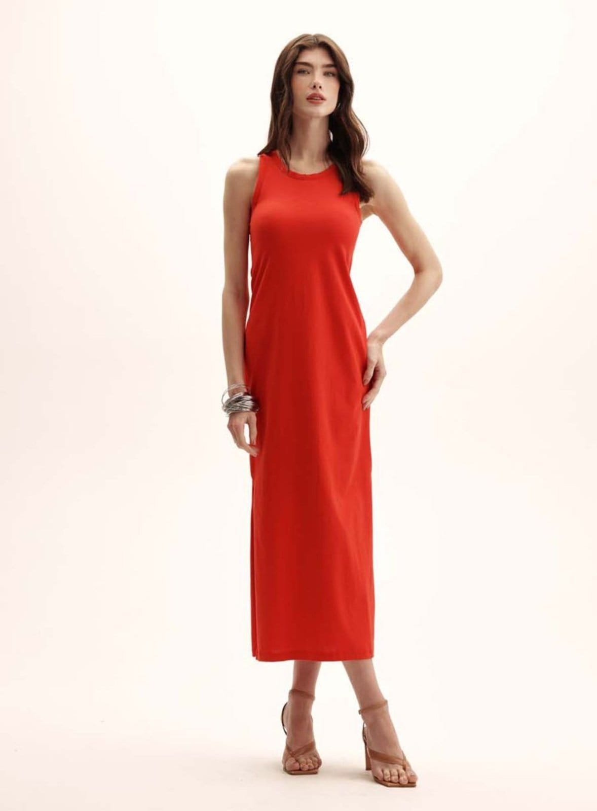 Vista principal Vestido Comfort Malha Soft Touch Midi com Fenda Triton Luxury Triton vermelho