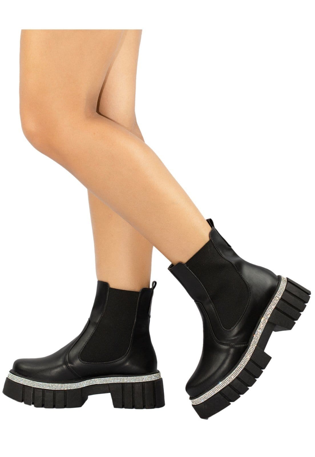 Vista 2 Bota Chelsea Feminina Amorelle Coturno Tratorado Strass Brilho Cristal Plataforma Cano Curto Amorelle preto