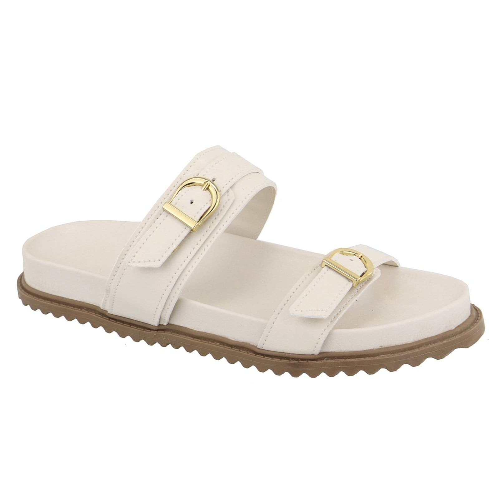 Vista principal Sandalia Papete Rasteira Flat Feminina Off White Fivelas TELLINI STORE off-white white