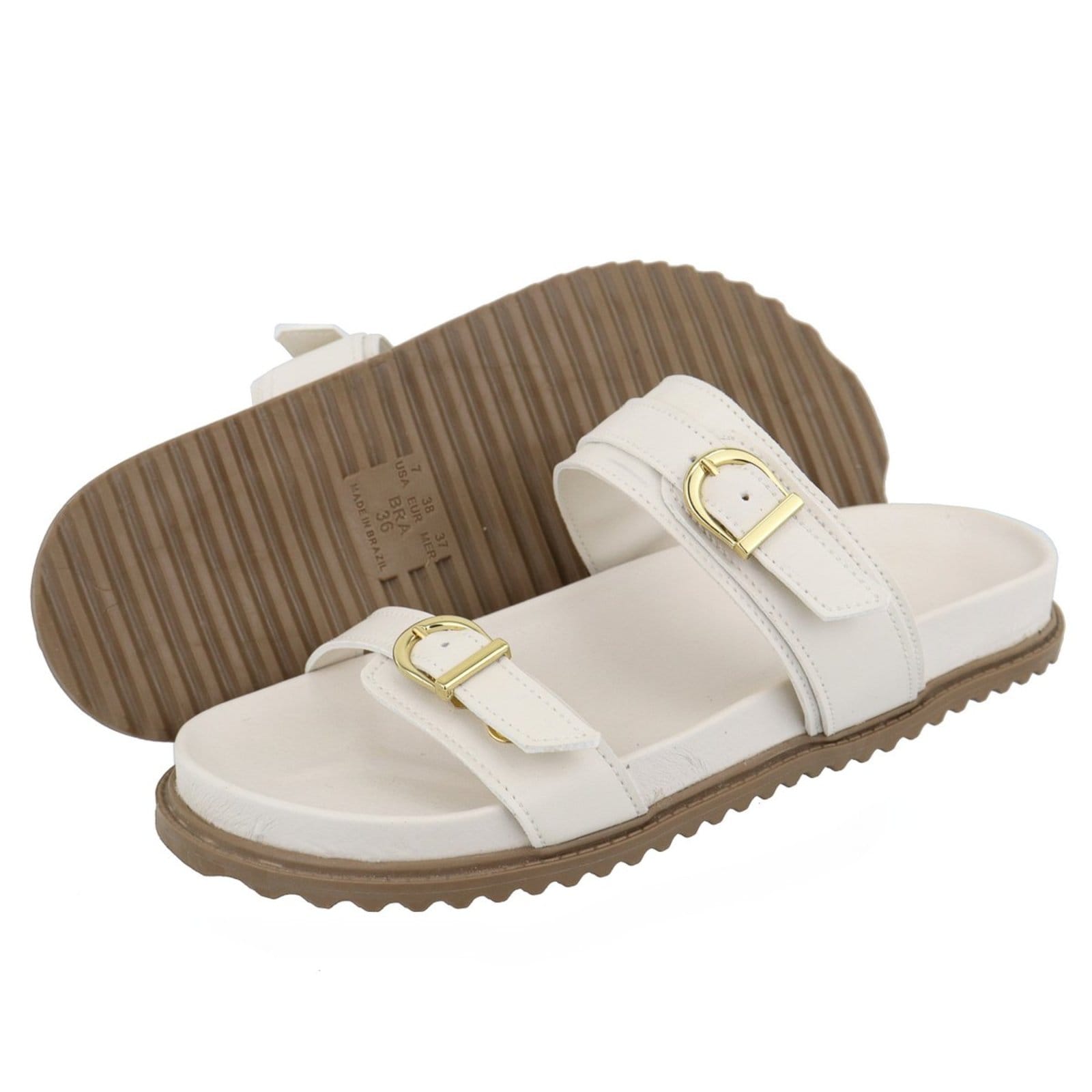 Vista 2 Sandalia Papete Rasteira Flat Feminina Off White Fivelas TELLINI STORE off-white white