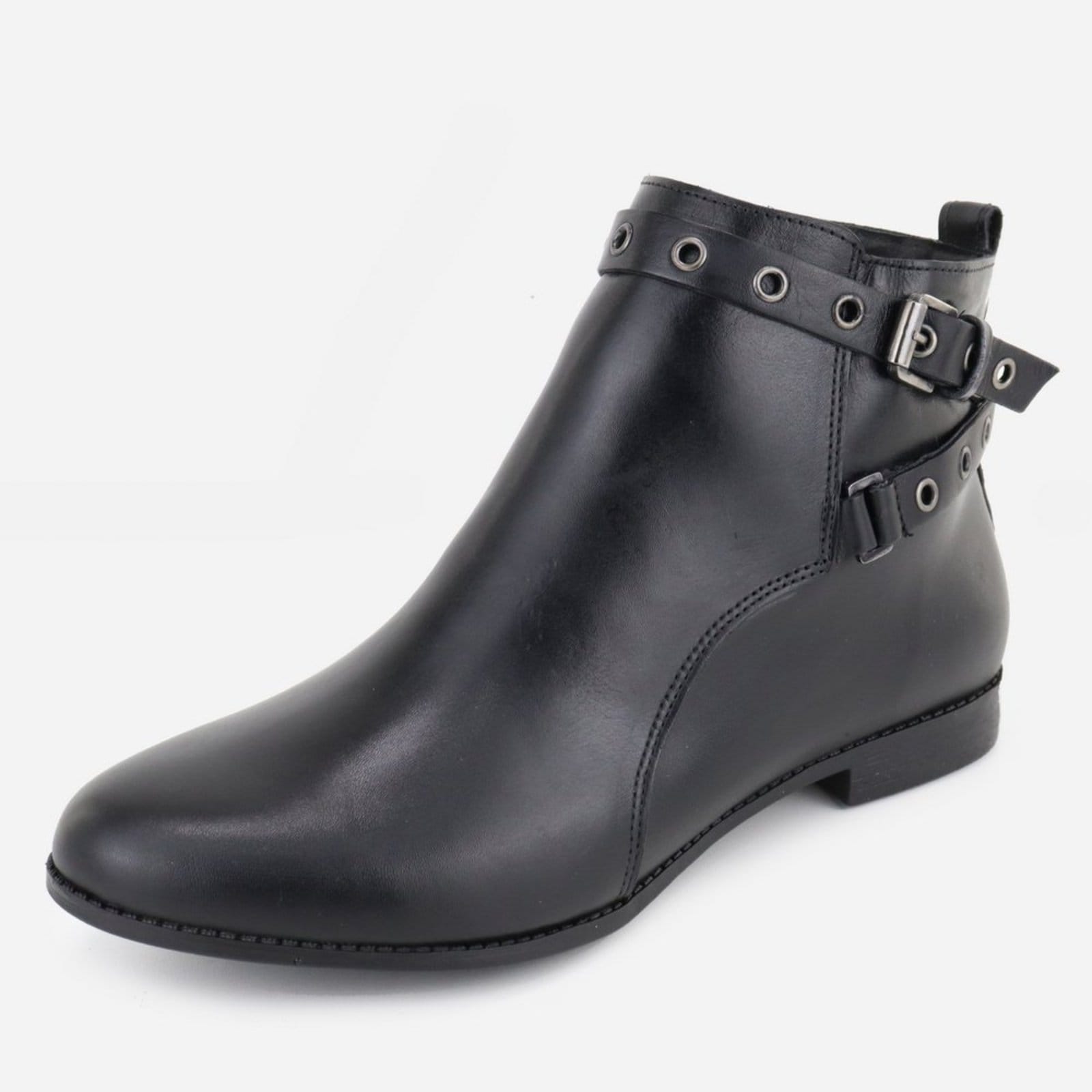 Vista principal Bota em Couro Casual Salto Baixo Tiras em Fivelas Maria Paula Cano Curto Preta MARIA PAULA preto