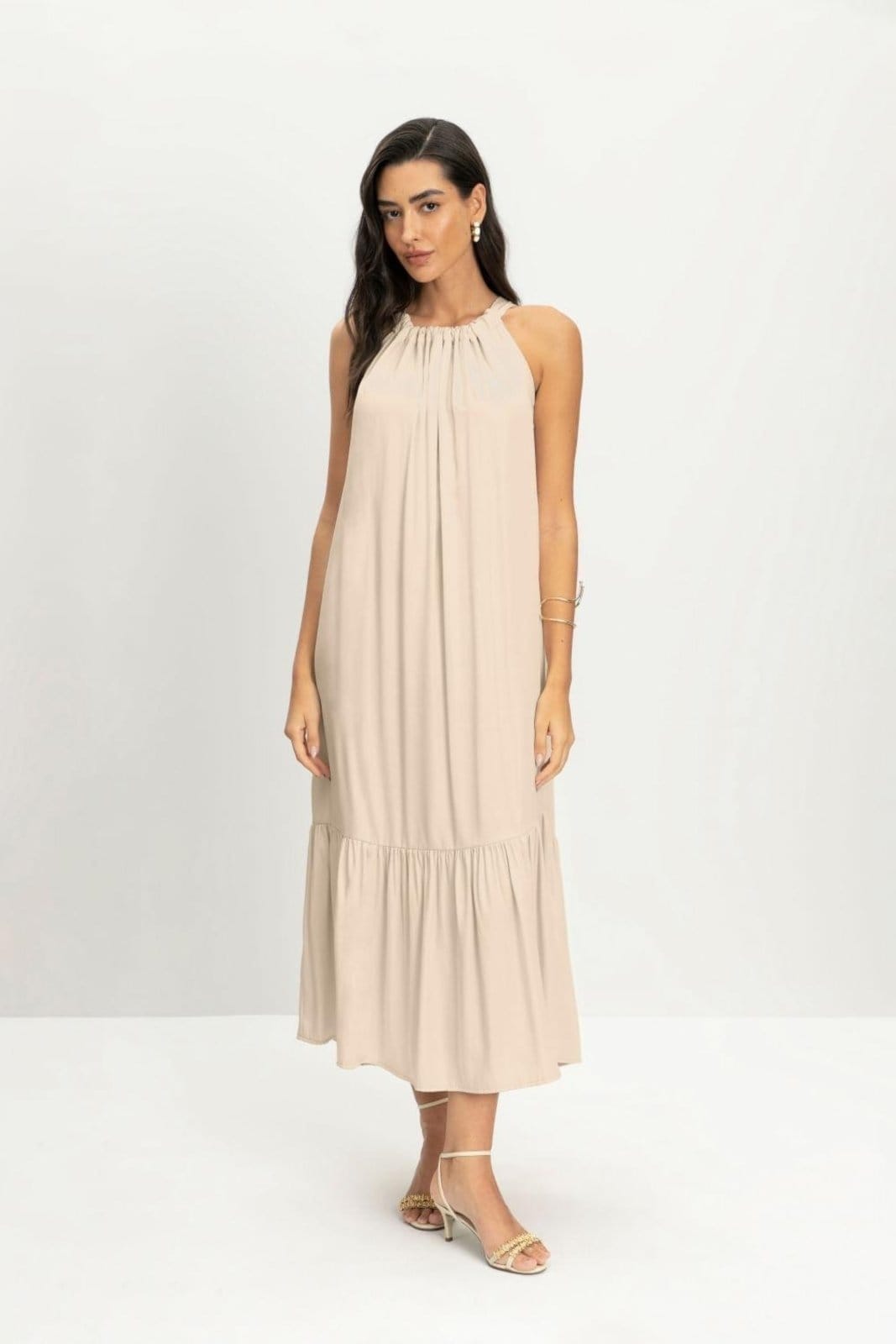 Vestido feminino longo de cetim Essendi -Natural Off-white