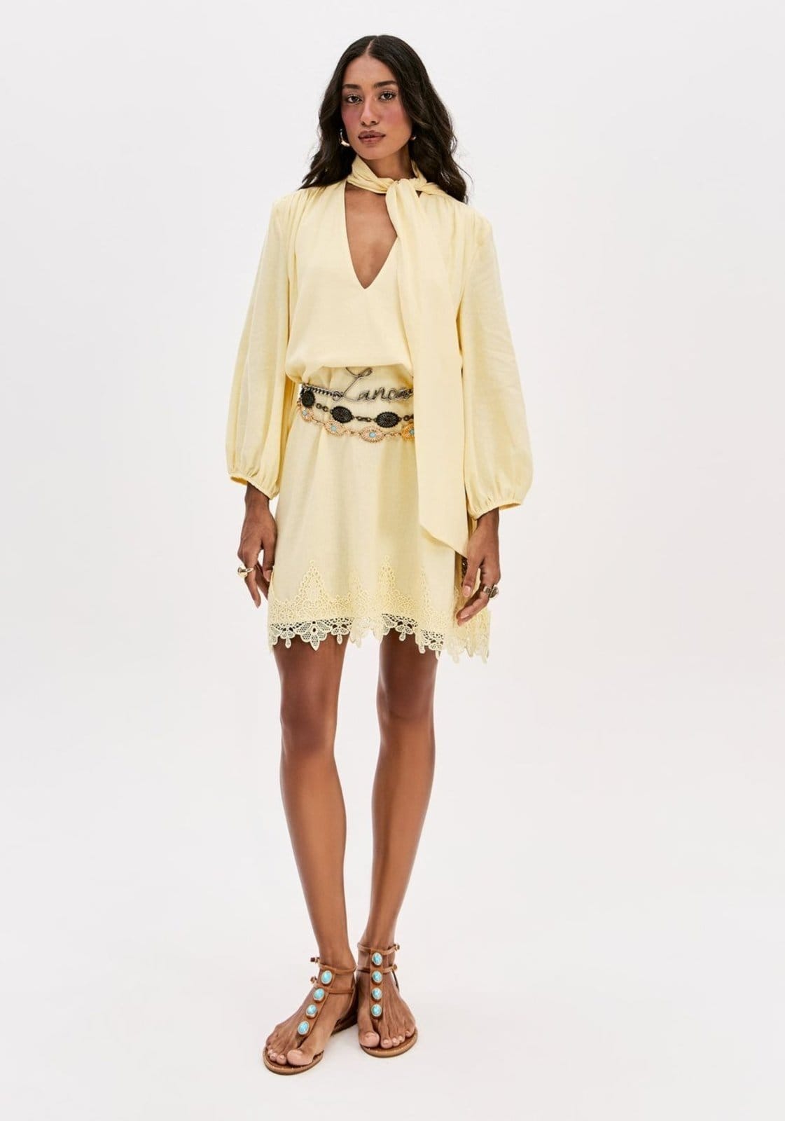 Vista principal Vestido Curto Com Renda E Linho Lança Perfume amarelo