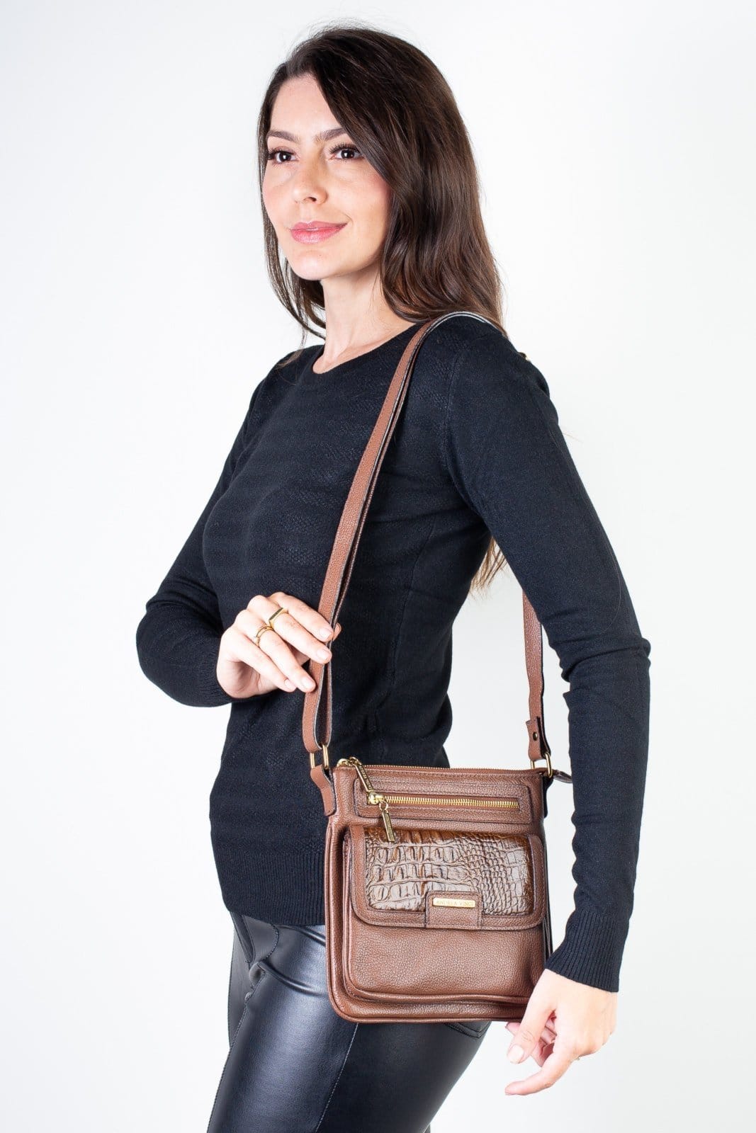 Bolsa pequena transversal em couro liso Emma - Whisky