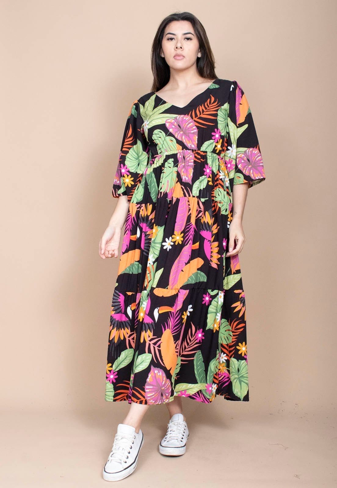 Vestido Longo Cabanafree Plano com Manga e Camadas Estampa Noite Botânica