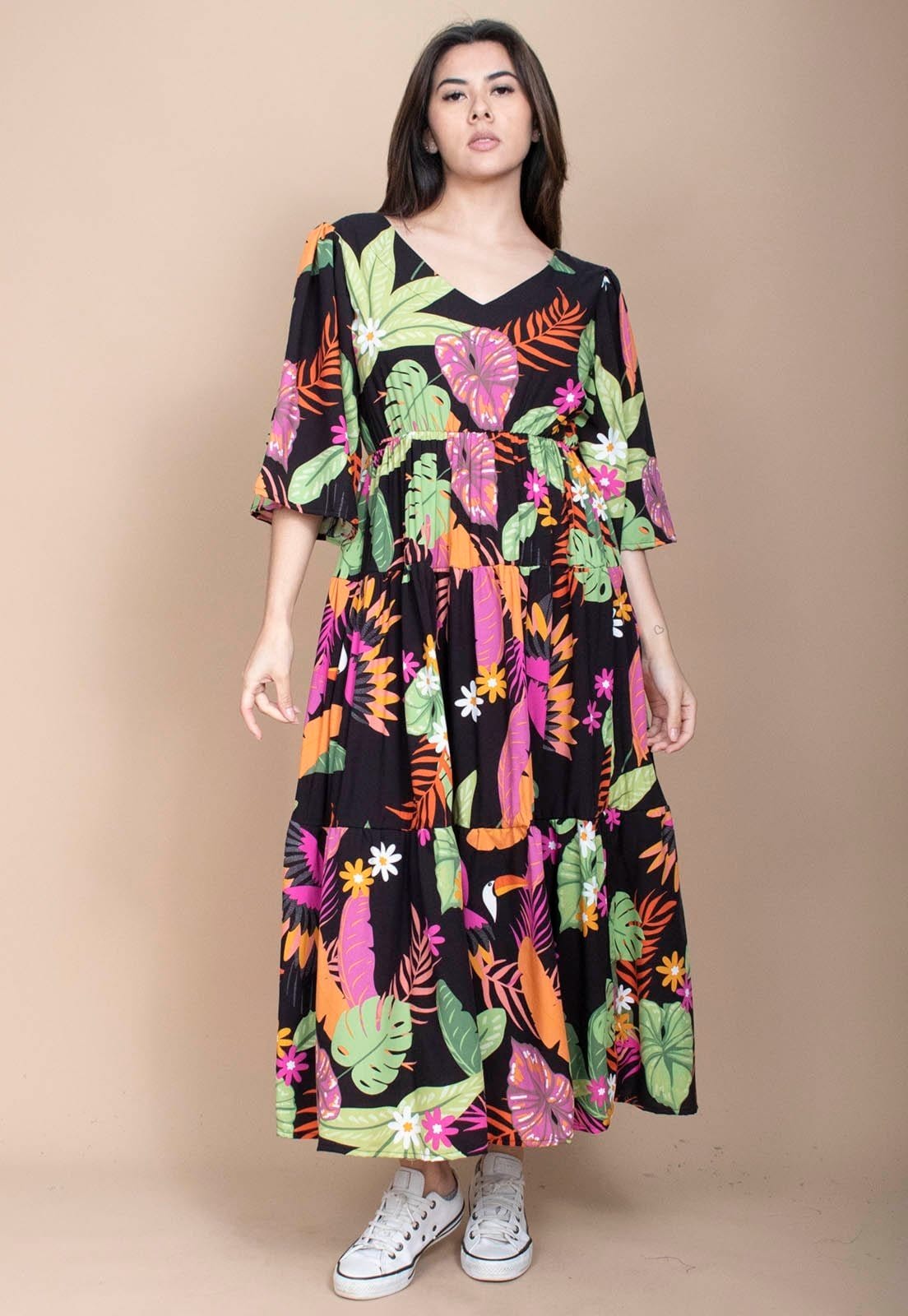 Vista 2 Vestido Longo Cabanafree Plano com Manga e Camadas Estampa Noite Botânica Cabanafree estampado/laranja/rosa/verde