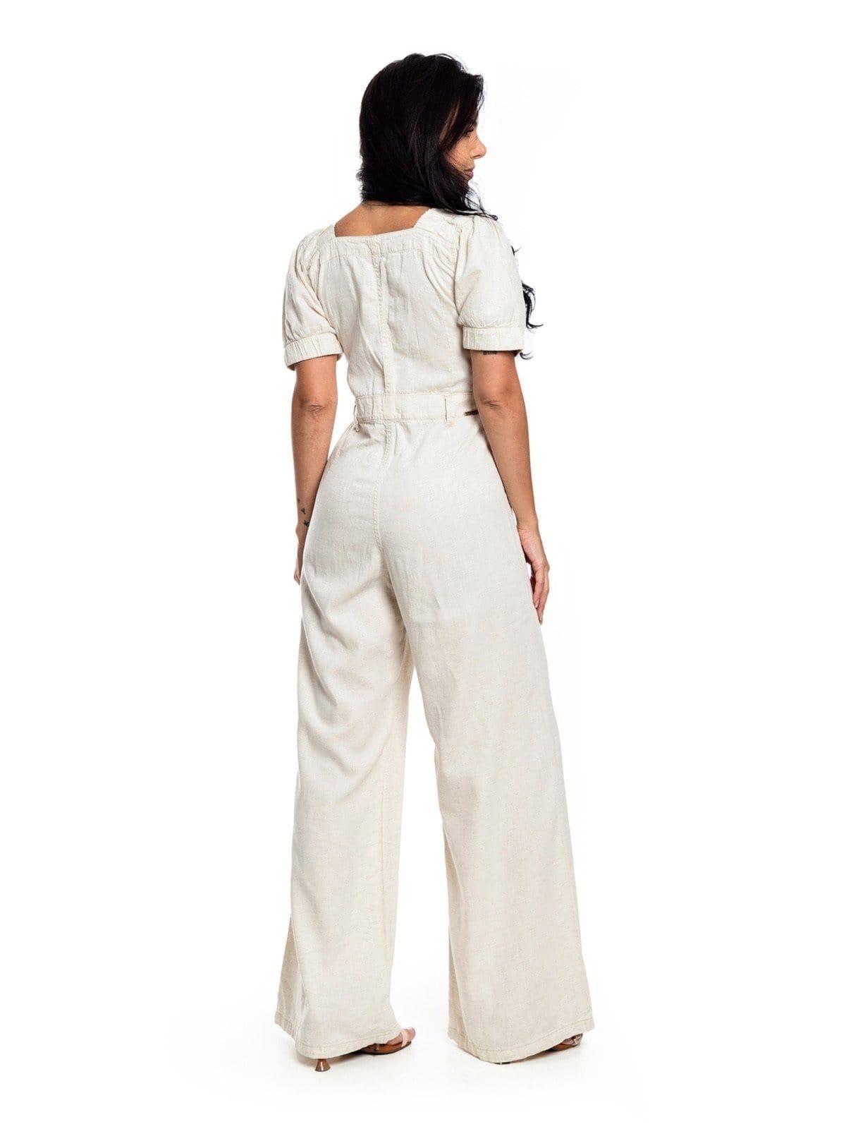 Vista 2 Macacao Pantalona Restrito Jeans De Linho Com Mangas - AREIA Restrito Jeans bege